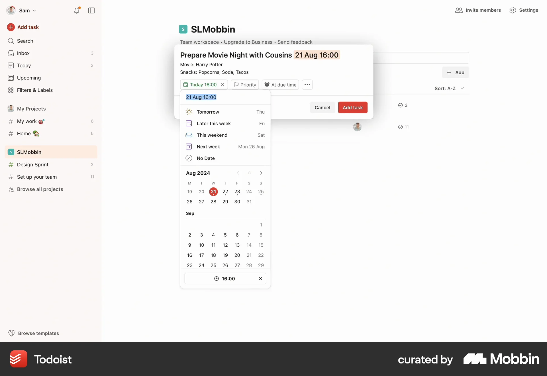 Todoist Web screen containing Date Picker UI element