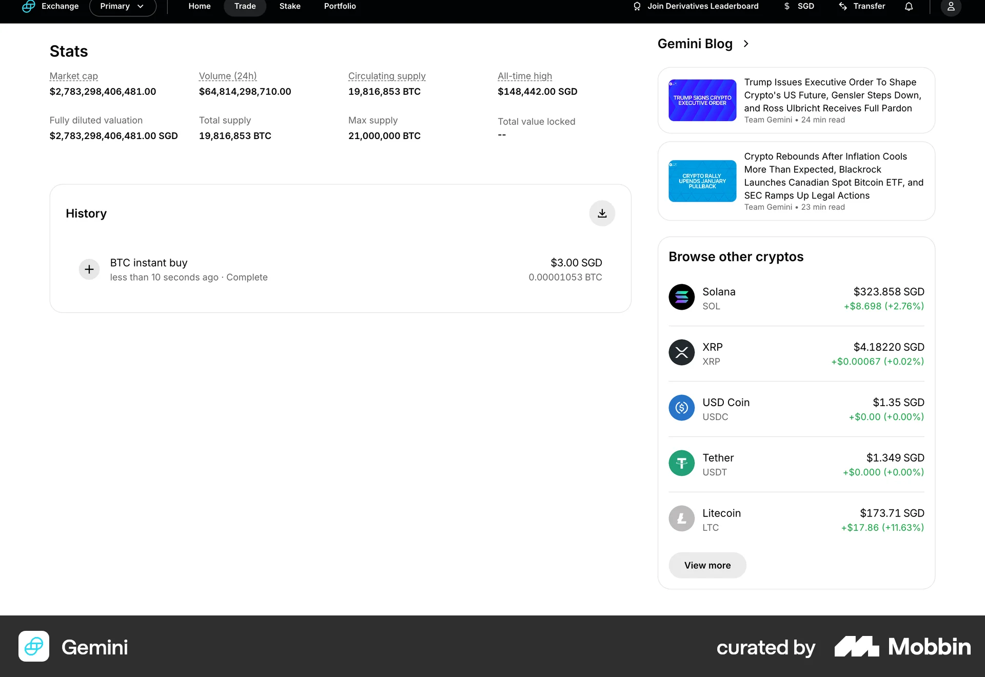 Gemini Web Order History screen