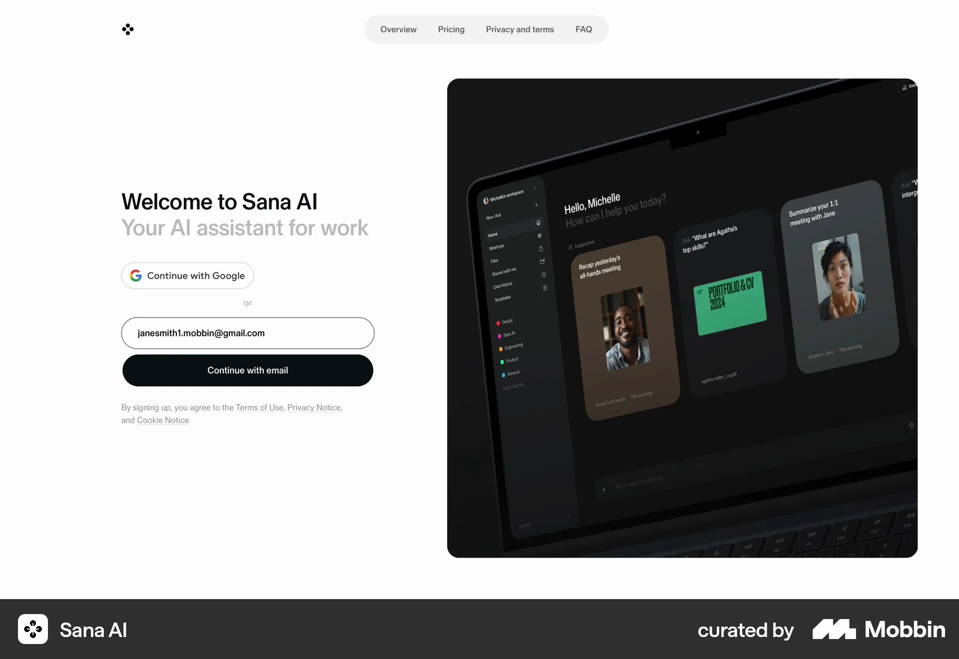 Sana AI Web Login screen