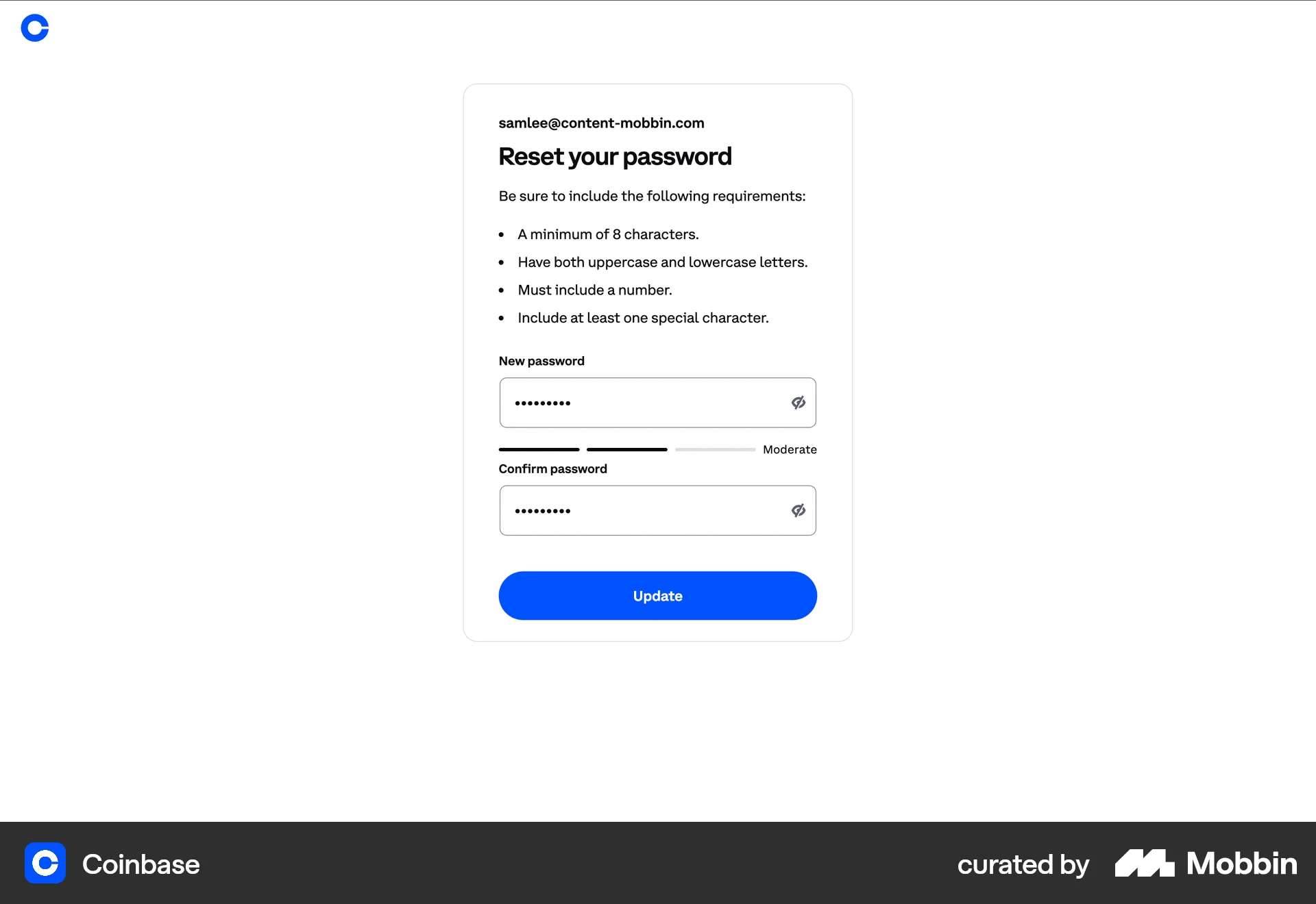 Coinbase Web Forgot Password screen