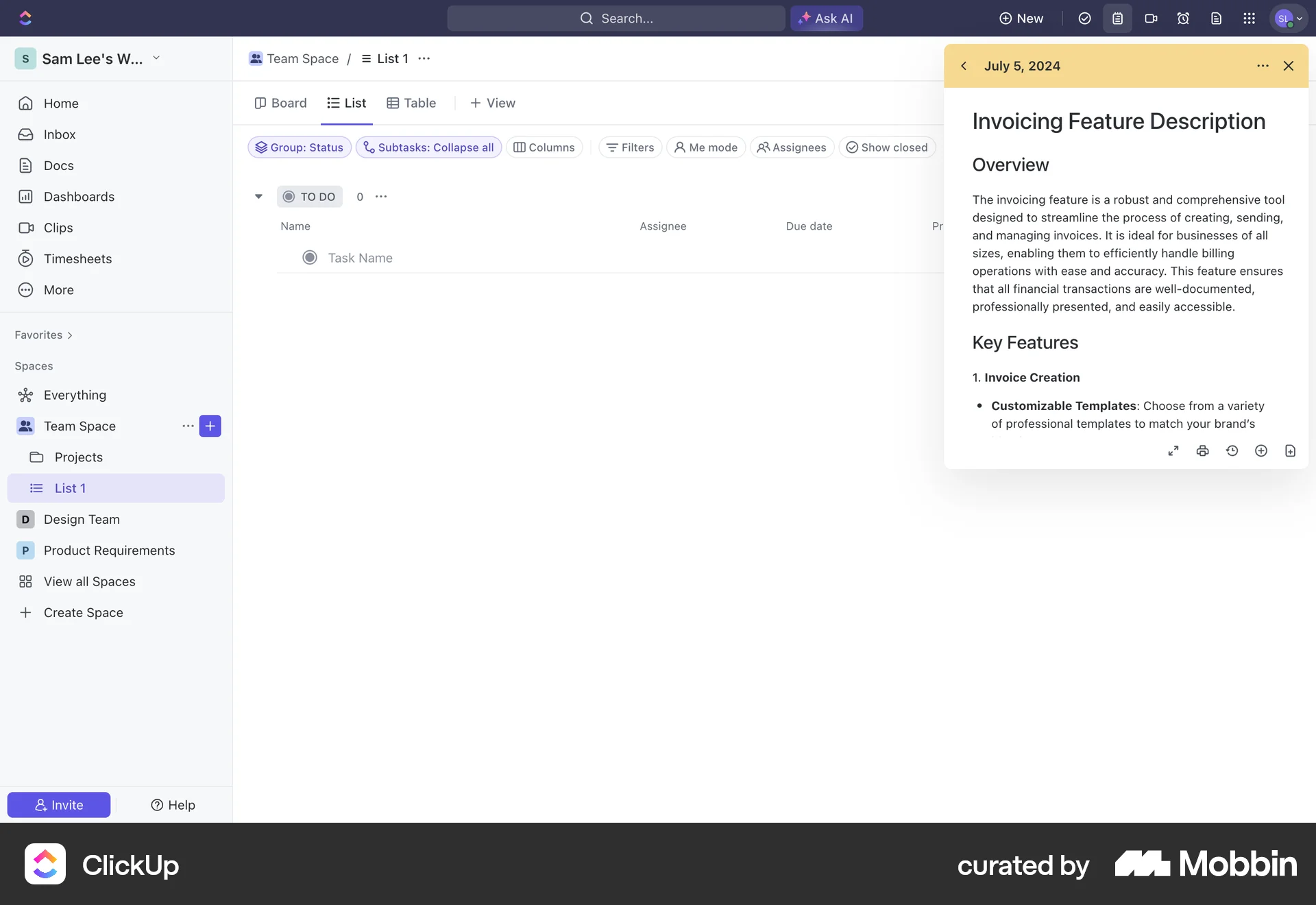 ClickUp Web Note Detail screen