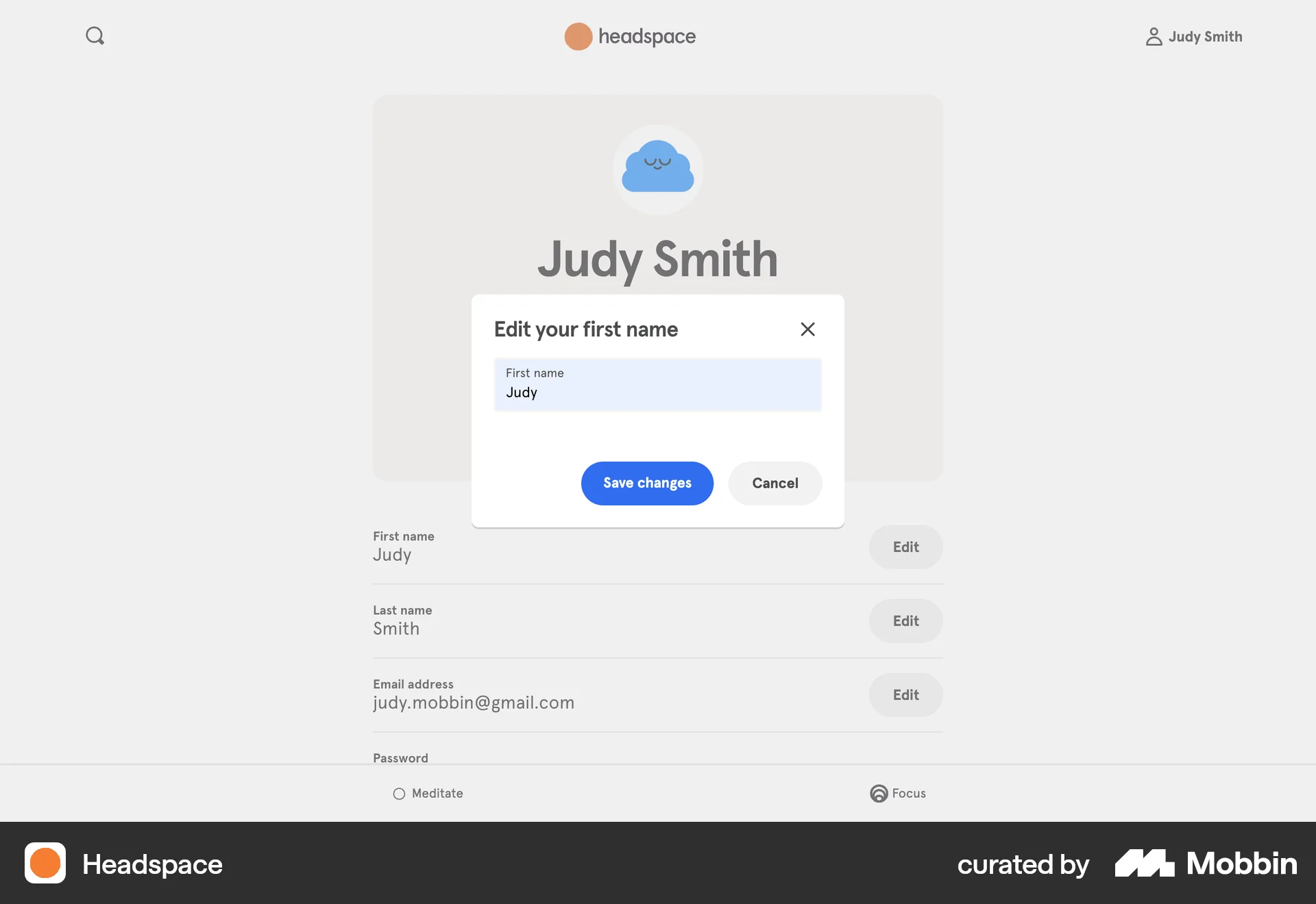 Headspace Web screen containing Button UI element