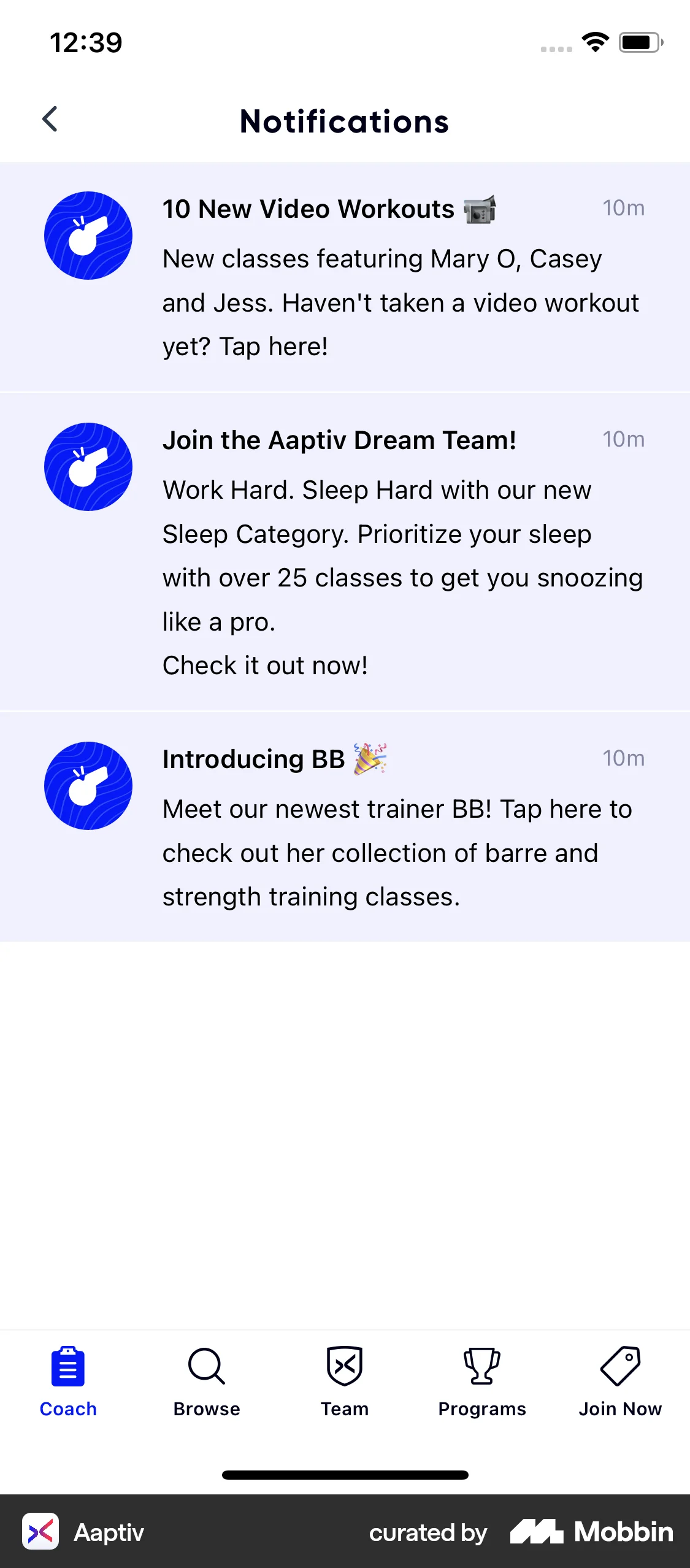 Aaptiv iOS Notifications screen