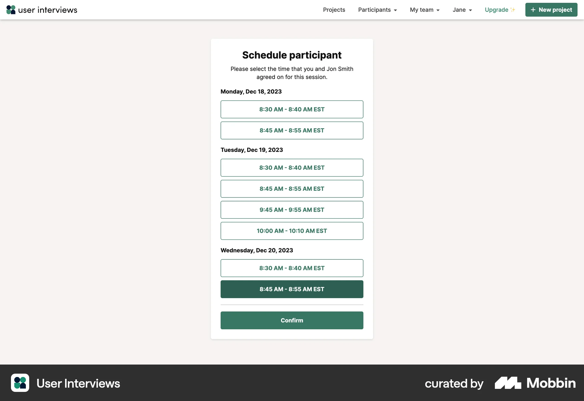 User Interviews Web Schedule screen