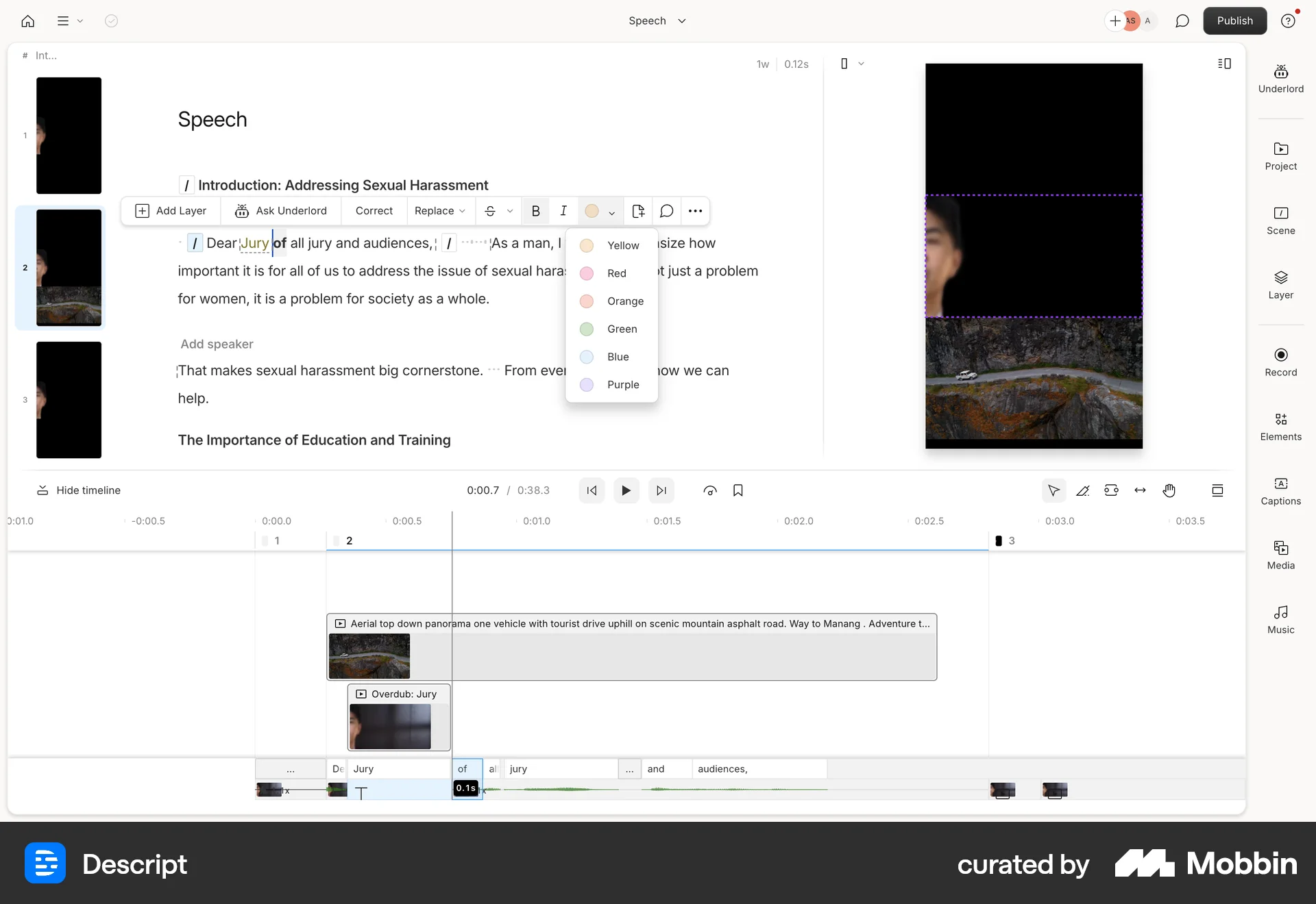 Descript Web screen containing Select UI element