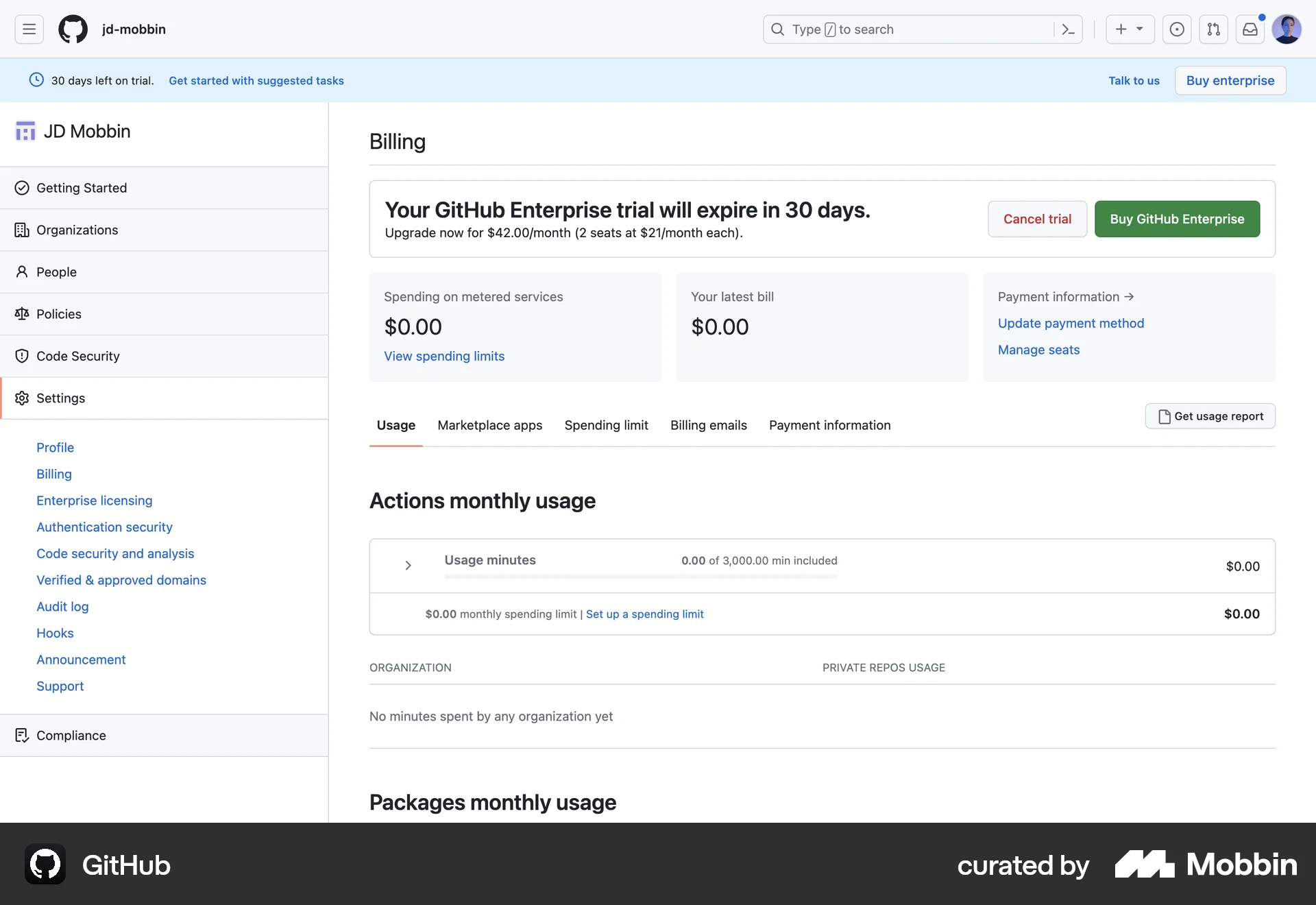 GitHub Web Billing screen