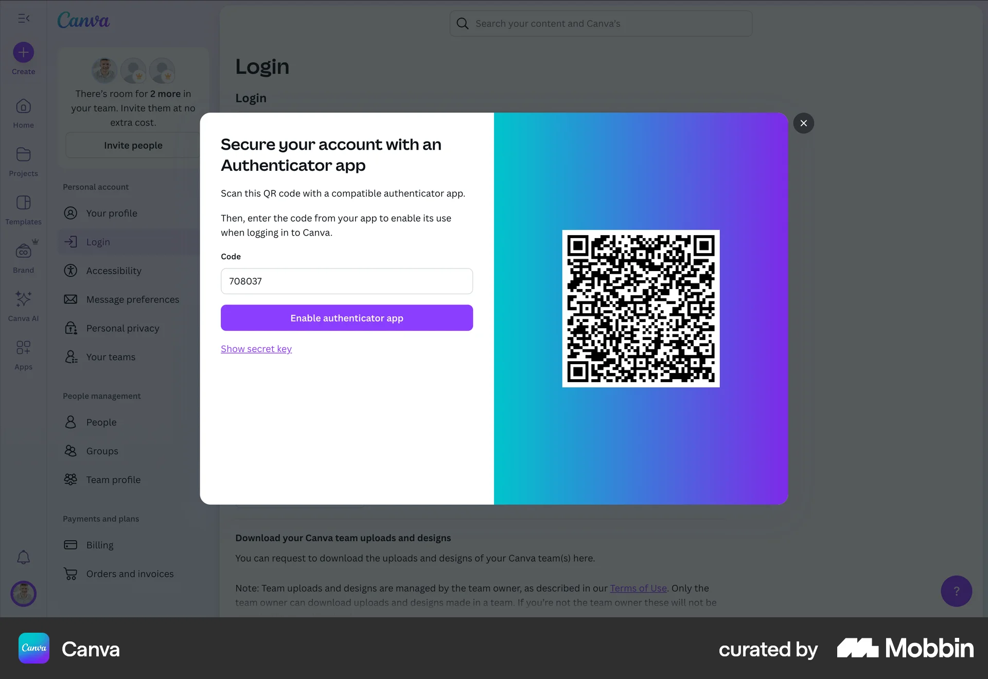Canva Web QR Code screen