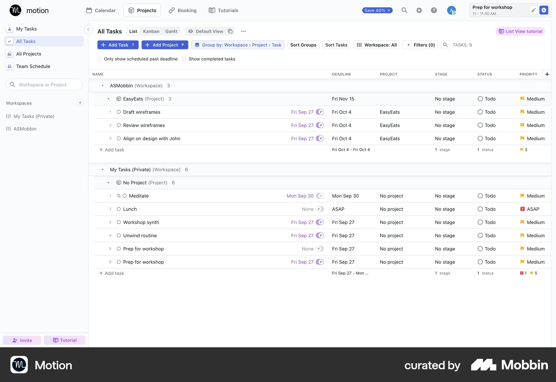 Motion Web Goal & Task screen