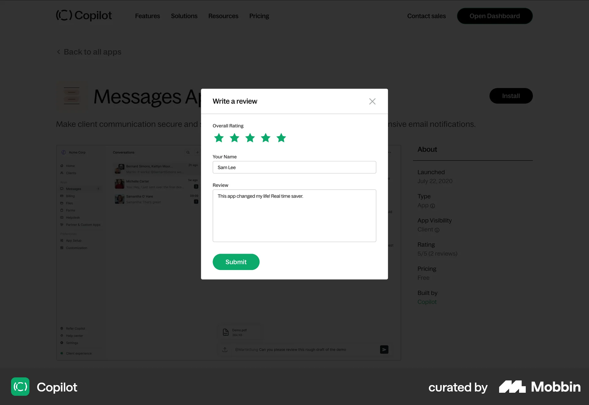 Copilot Web screen containing Rating Control UI element