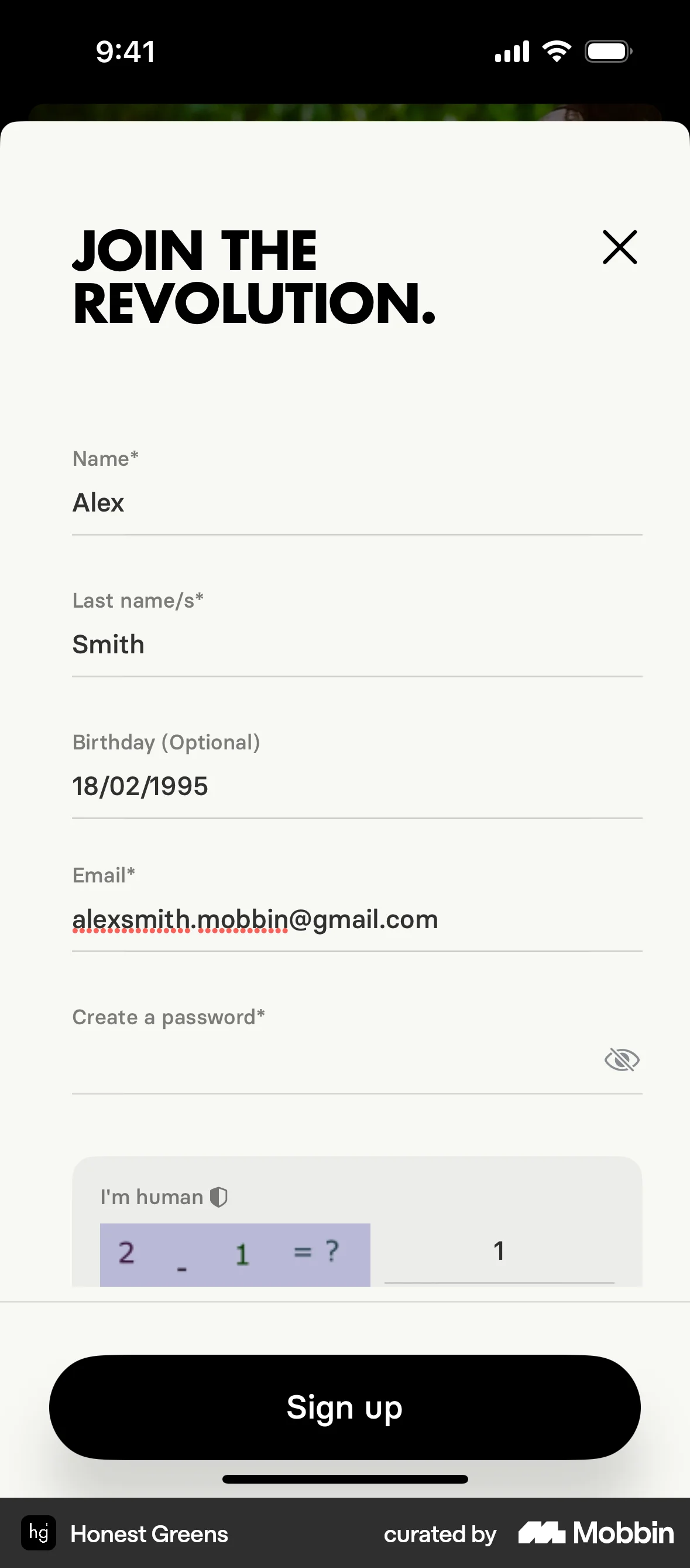 Honest Greens iOS Signup screen