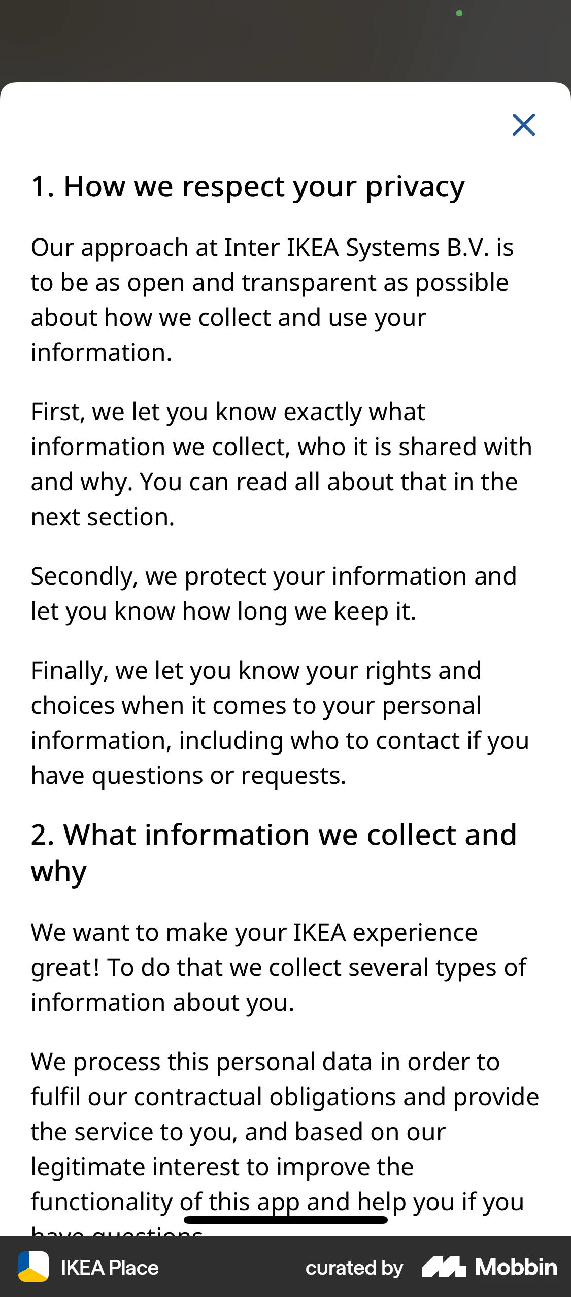IKEA Place iOS Privacy Policy screen