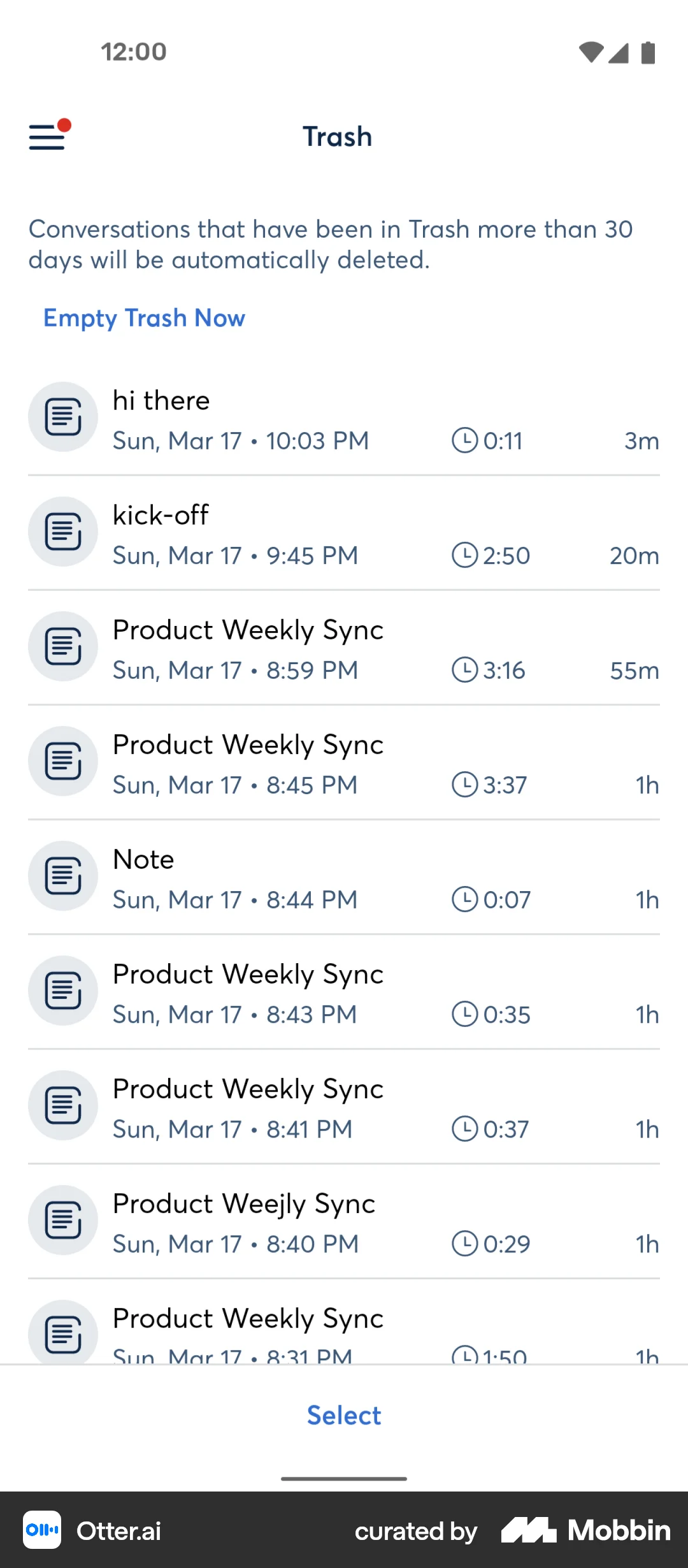 Otter.ai Android Trash & Archive screen