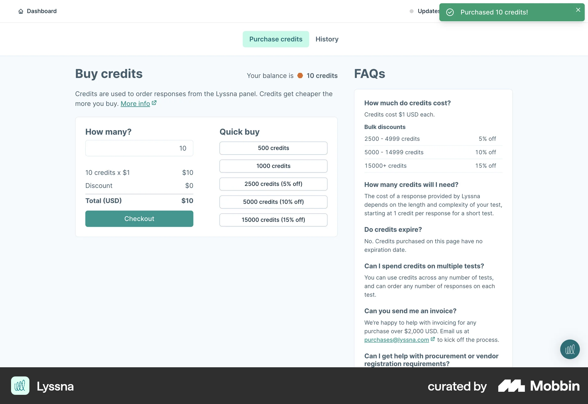 Lyssna Web Order Confirmation screen