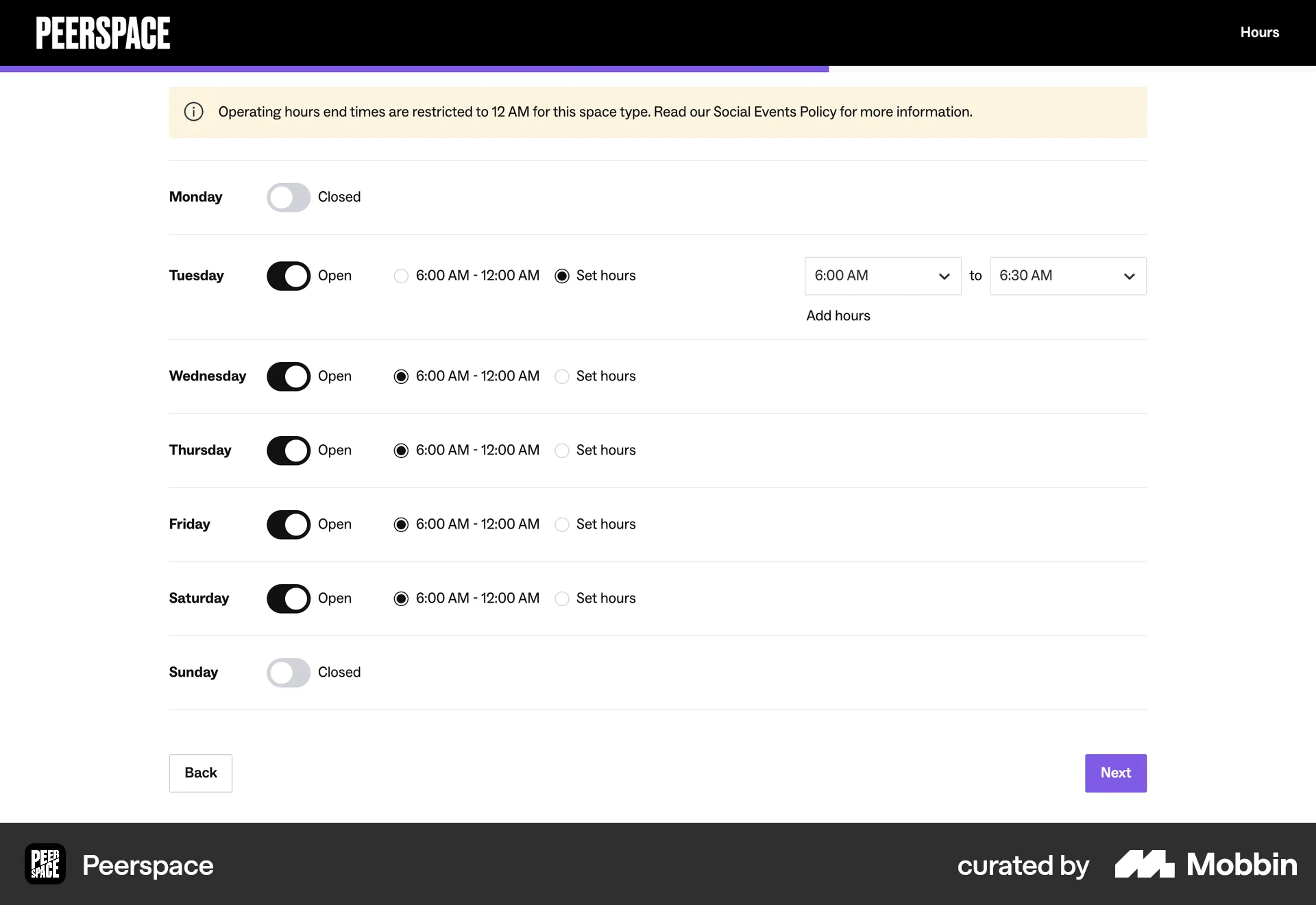Peerspace Web screen containing Radio Button UI element