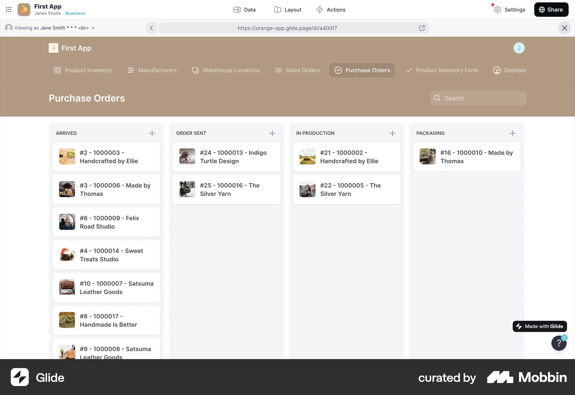 Glide Web Kanban Board screen
