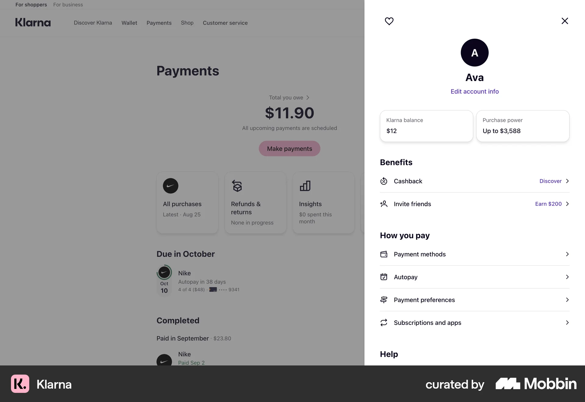 Klarna Web My Account & Profile screen