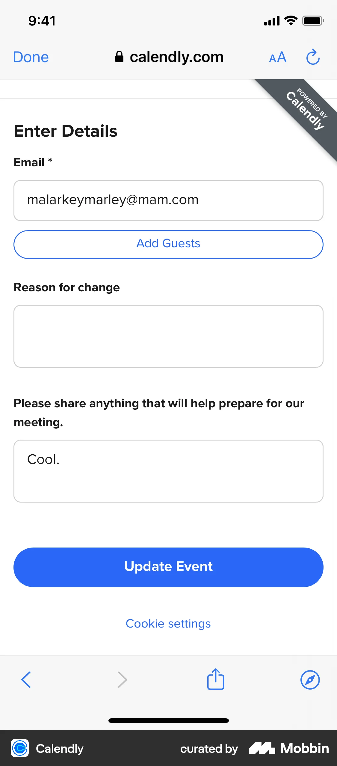 Calendly iOS Browser screen