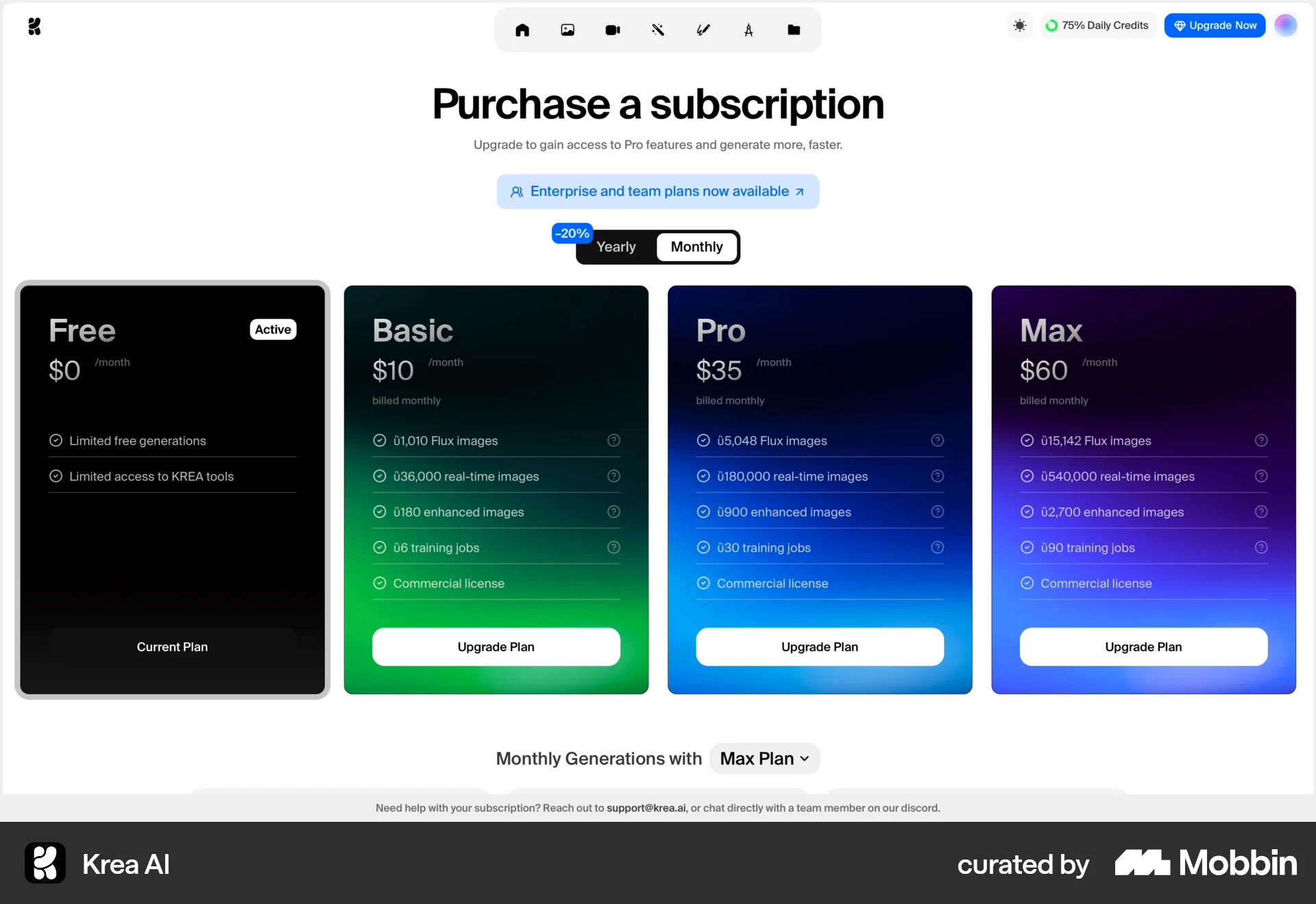 Krea AI Web Pricing screen