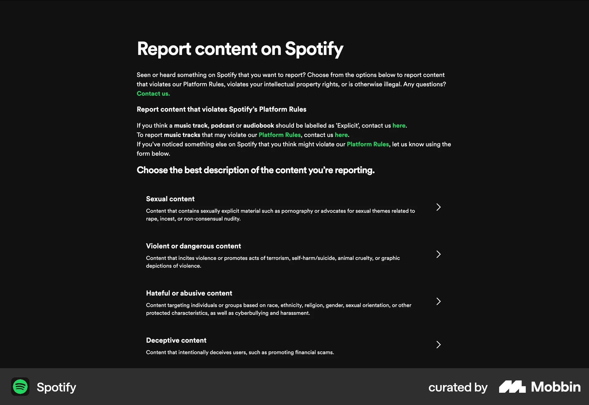 Spotify Web Flag & Report screen