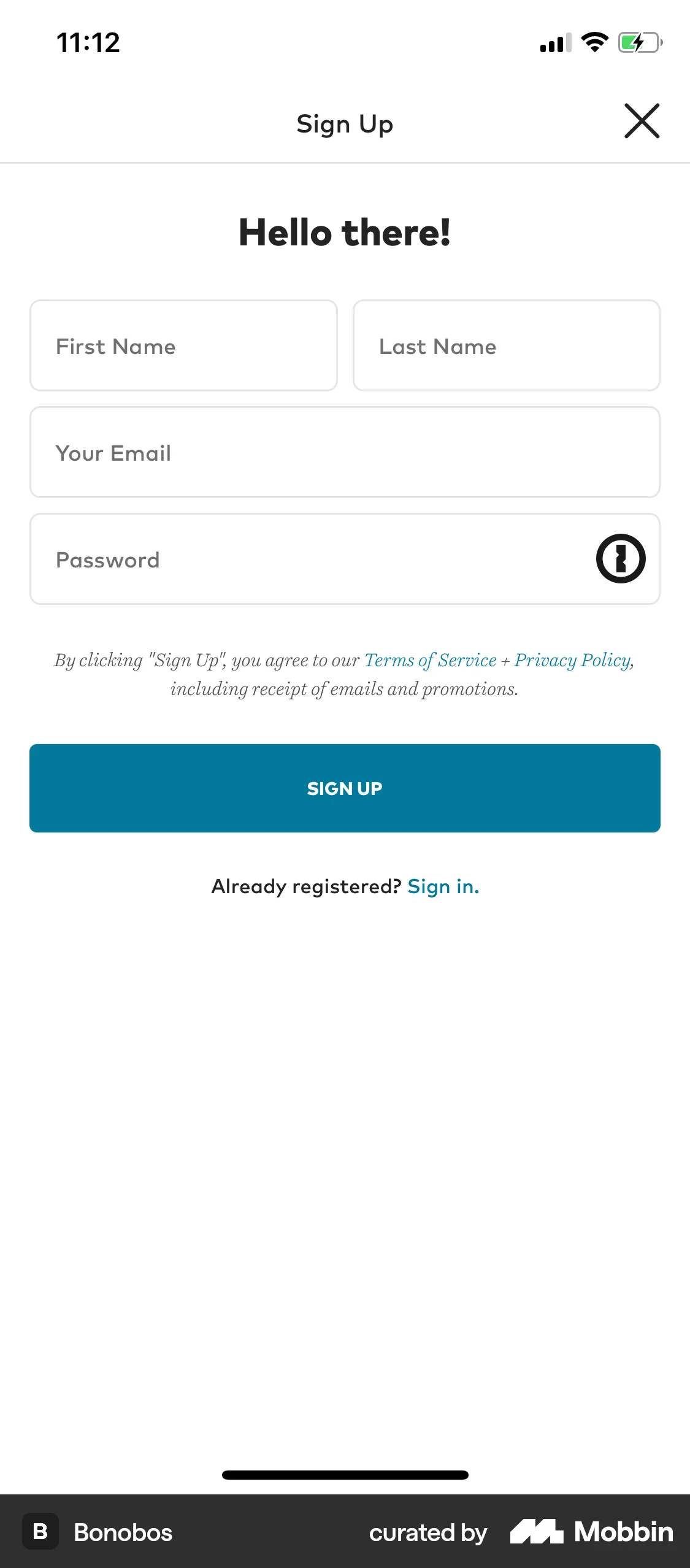 Bonobos iOS Signup screen