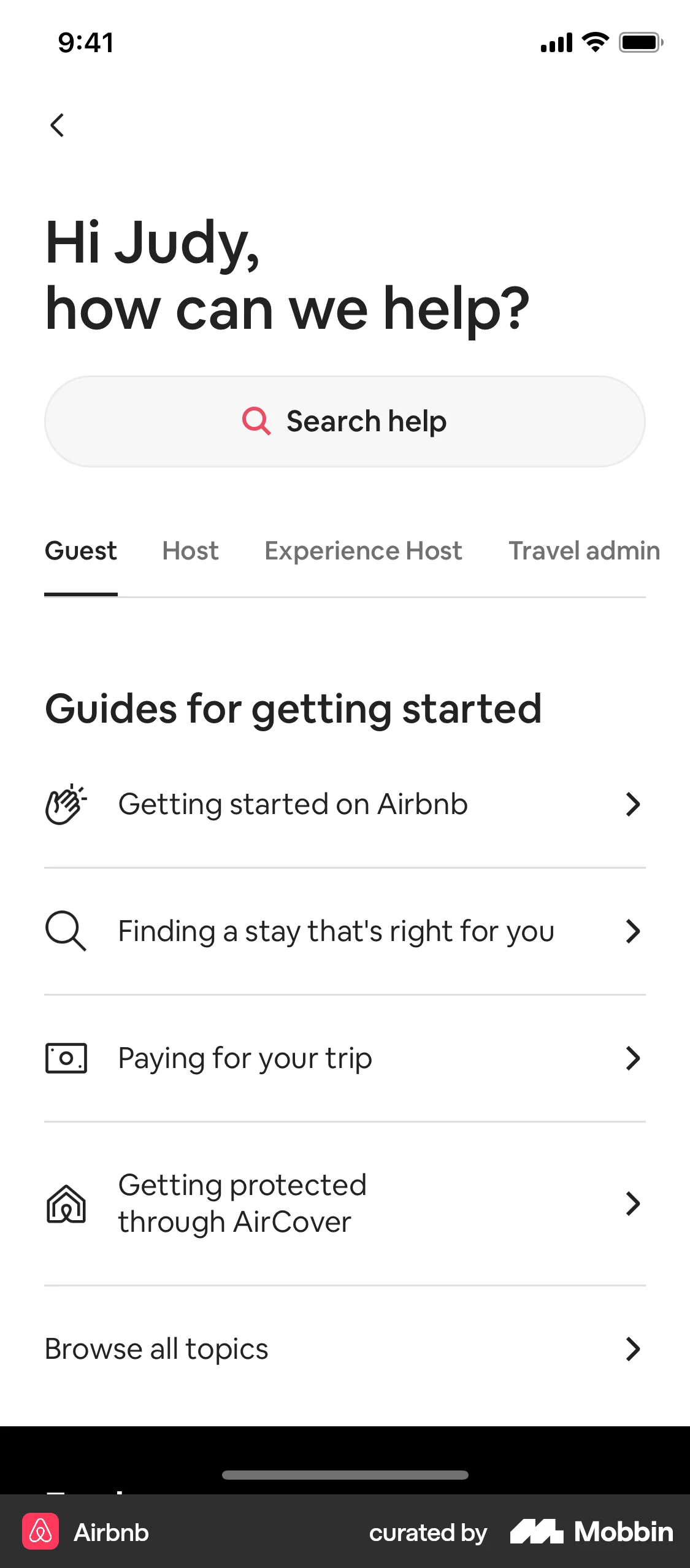 Airbnb iOS Help & Support screen