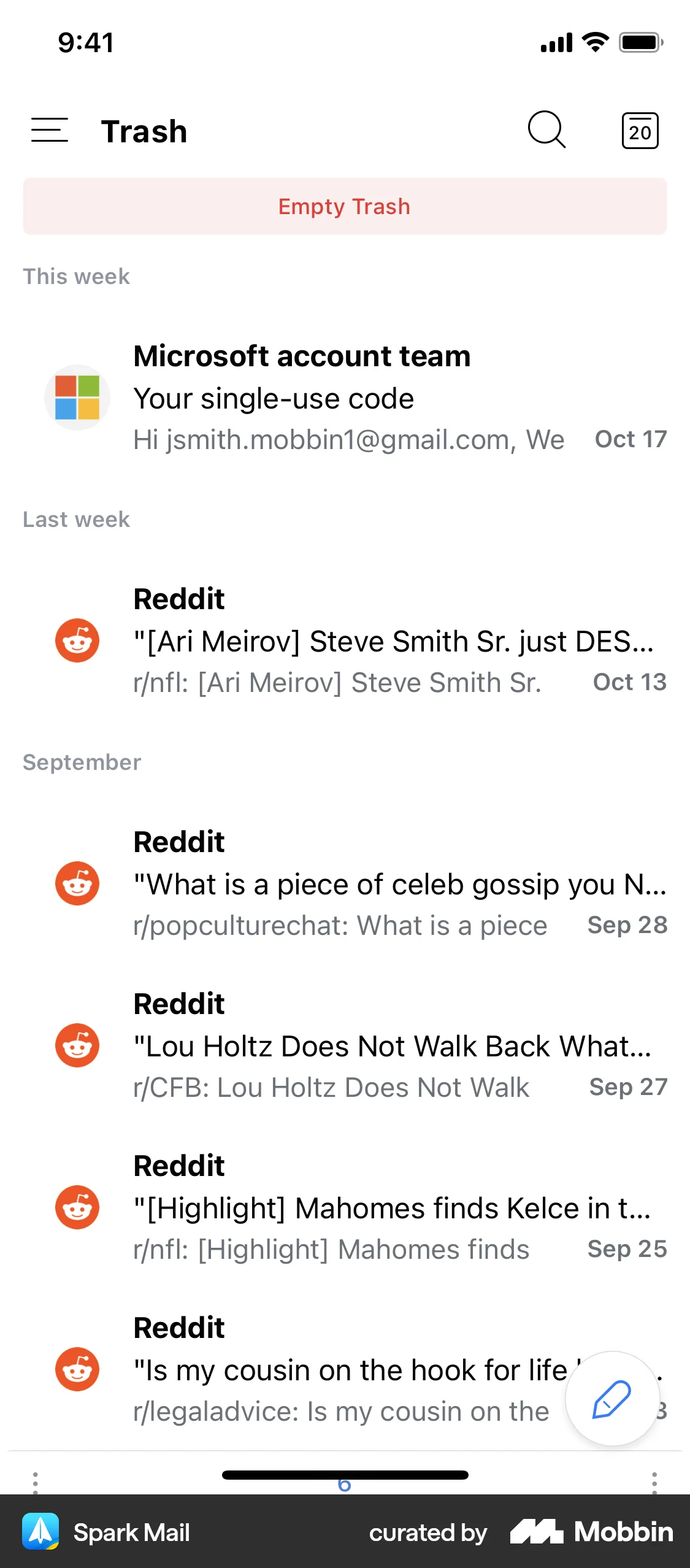 Spark Mail iOS Trash & Archive screen
