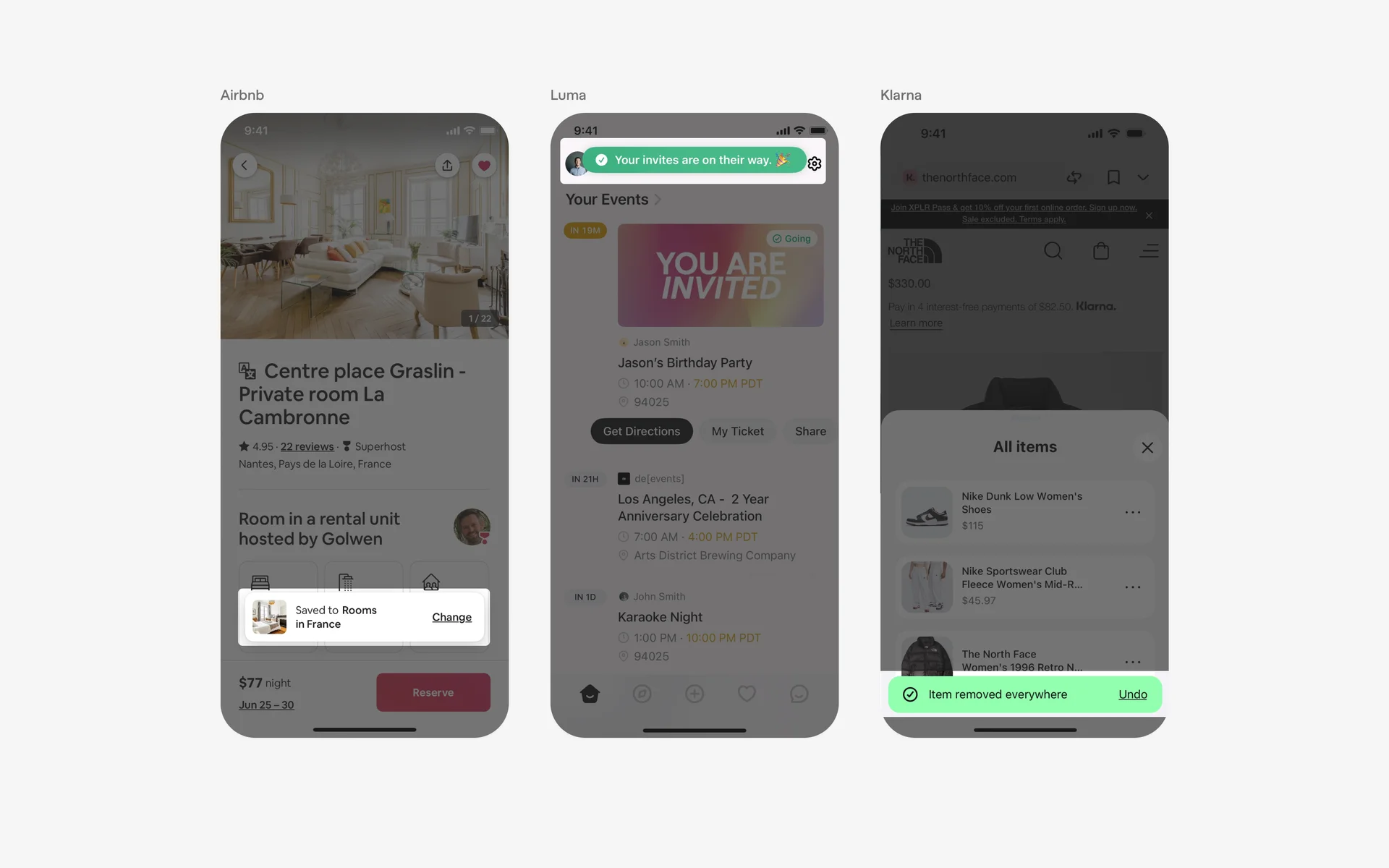 Examples of what toasts look like in mobile apps.