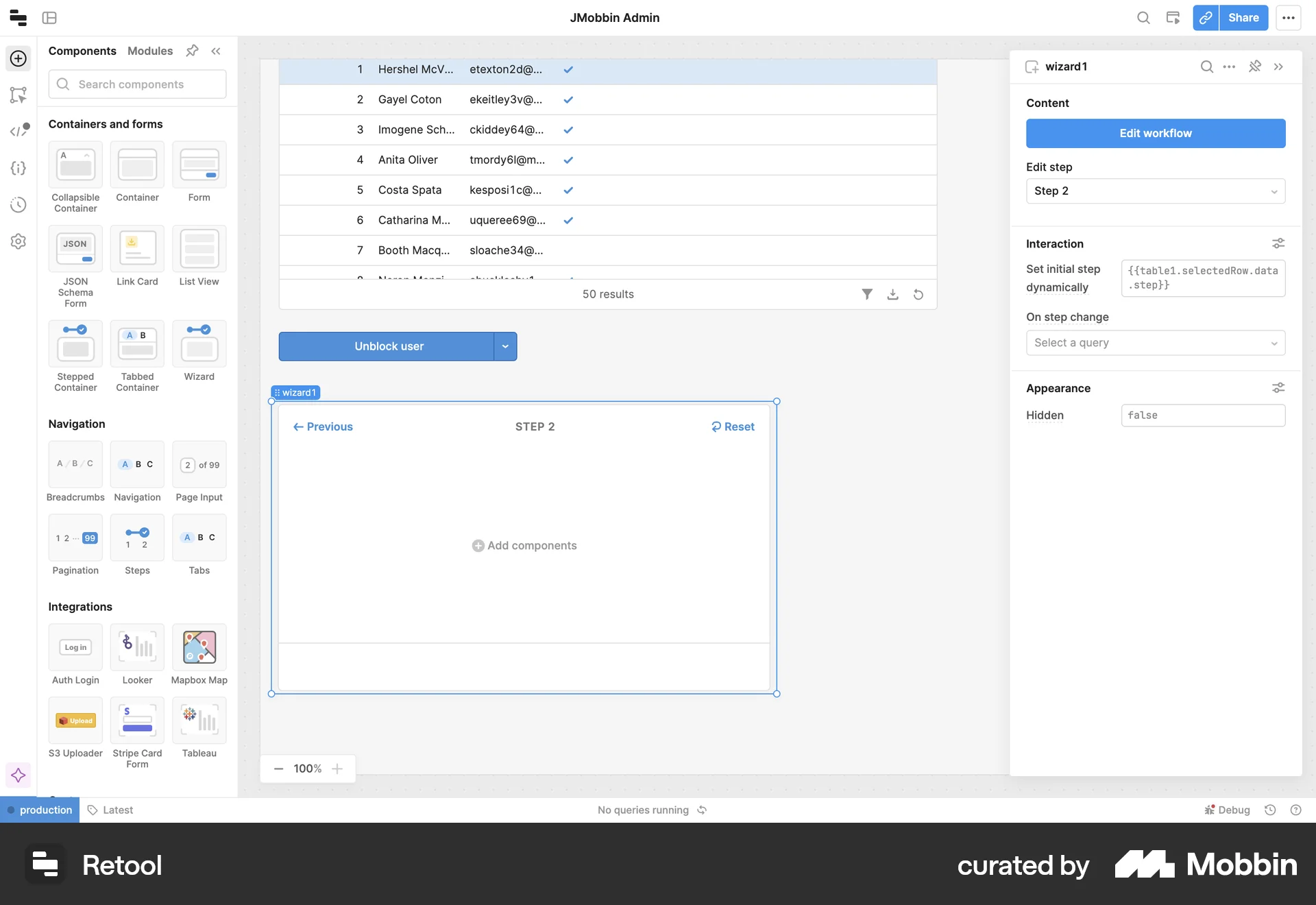 Retool Web Wizard UI screen