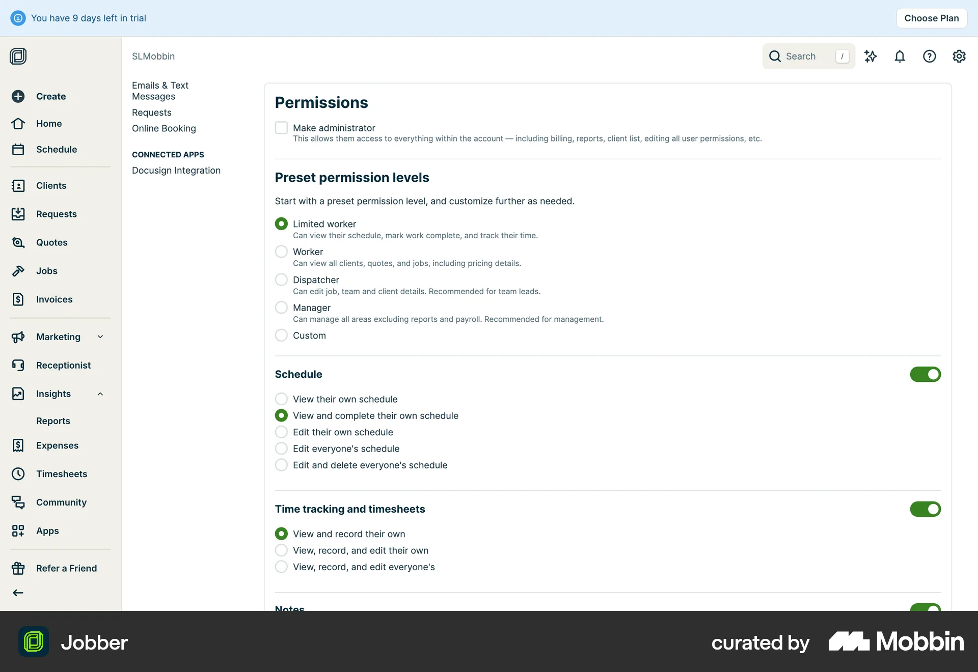 Jobber Web Set screen