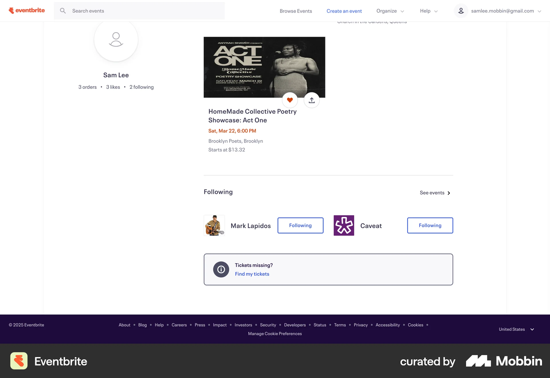 Eventbrite Web Followers & Following screen