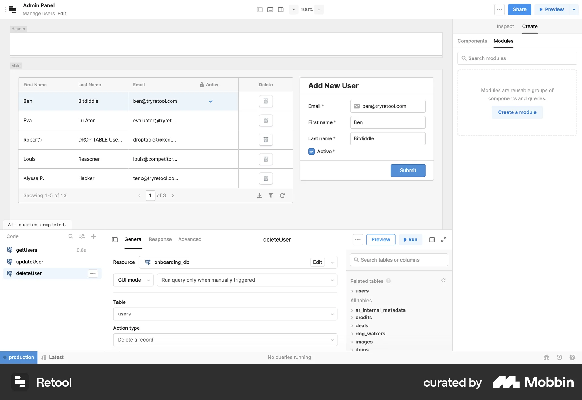 Retool Web Admin UI screen