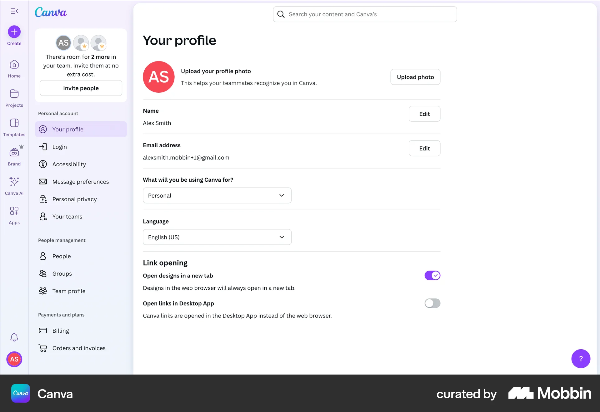 Canva Web Settings & Preferences screen