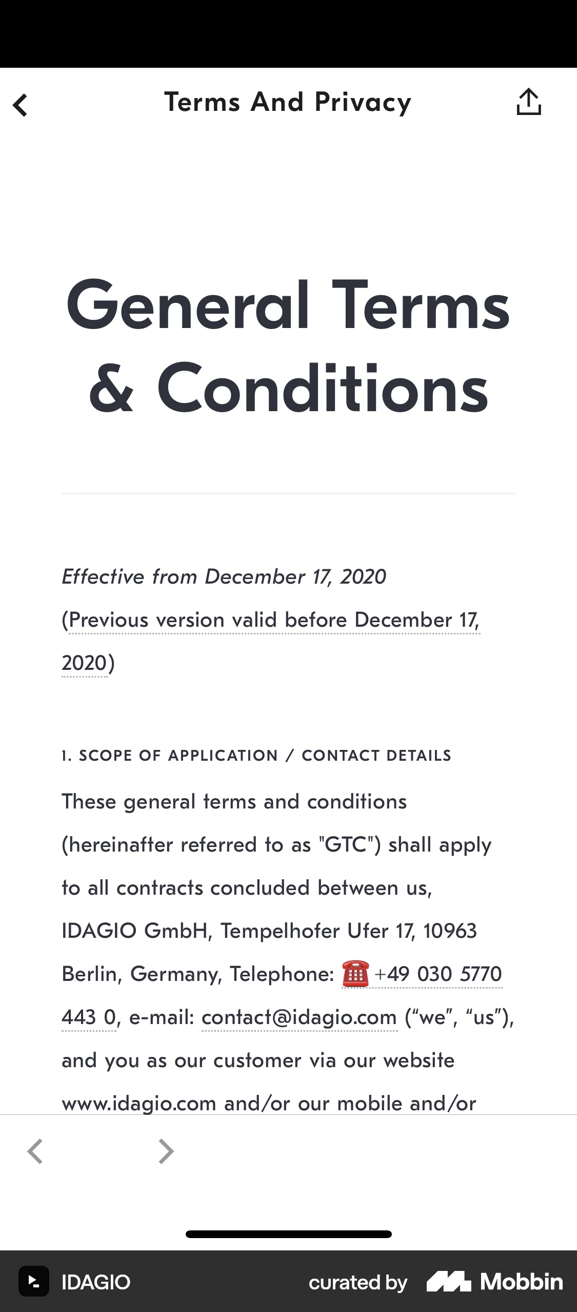 IDAGIO iOS Terms & Conditions screen