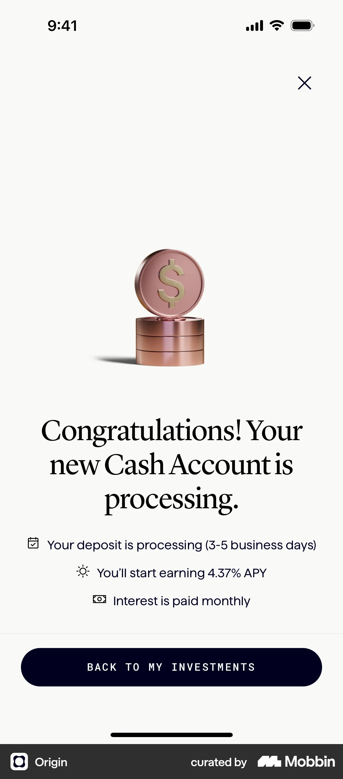 Origin iOS Acknowledgement & Success screen