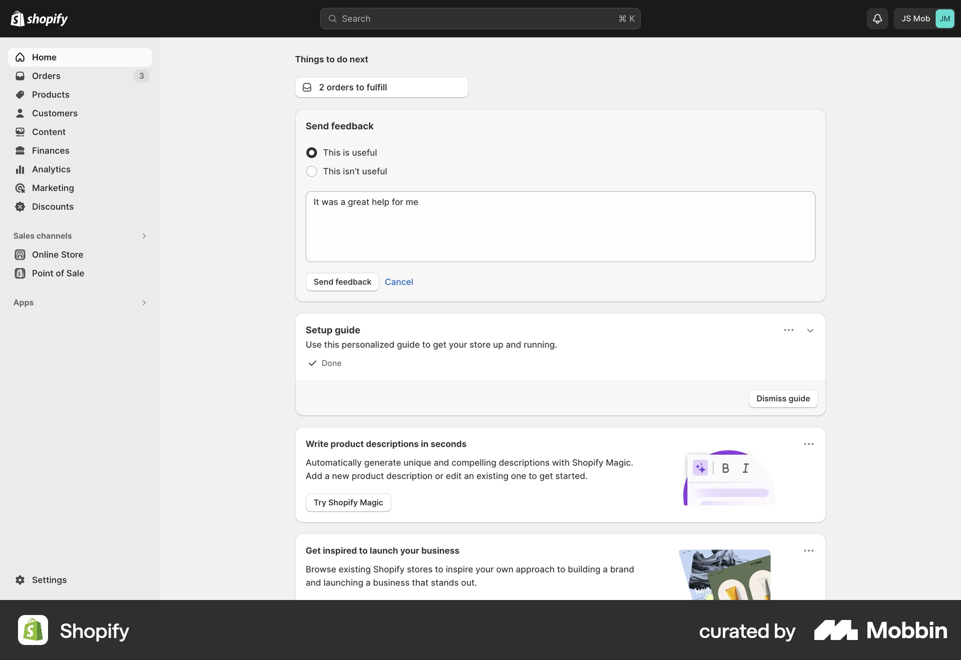 Shopify Web Feedback screen