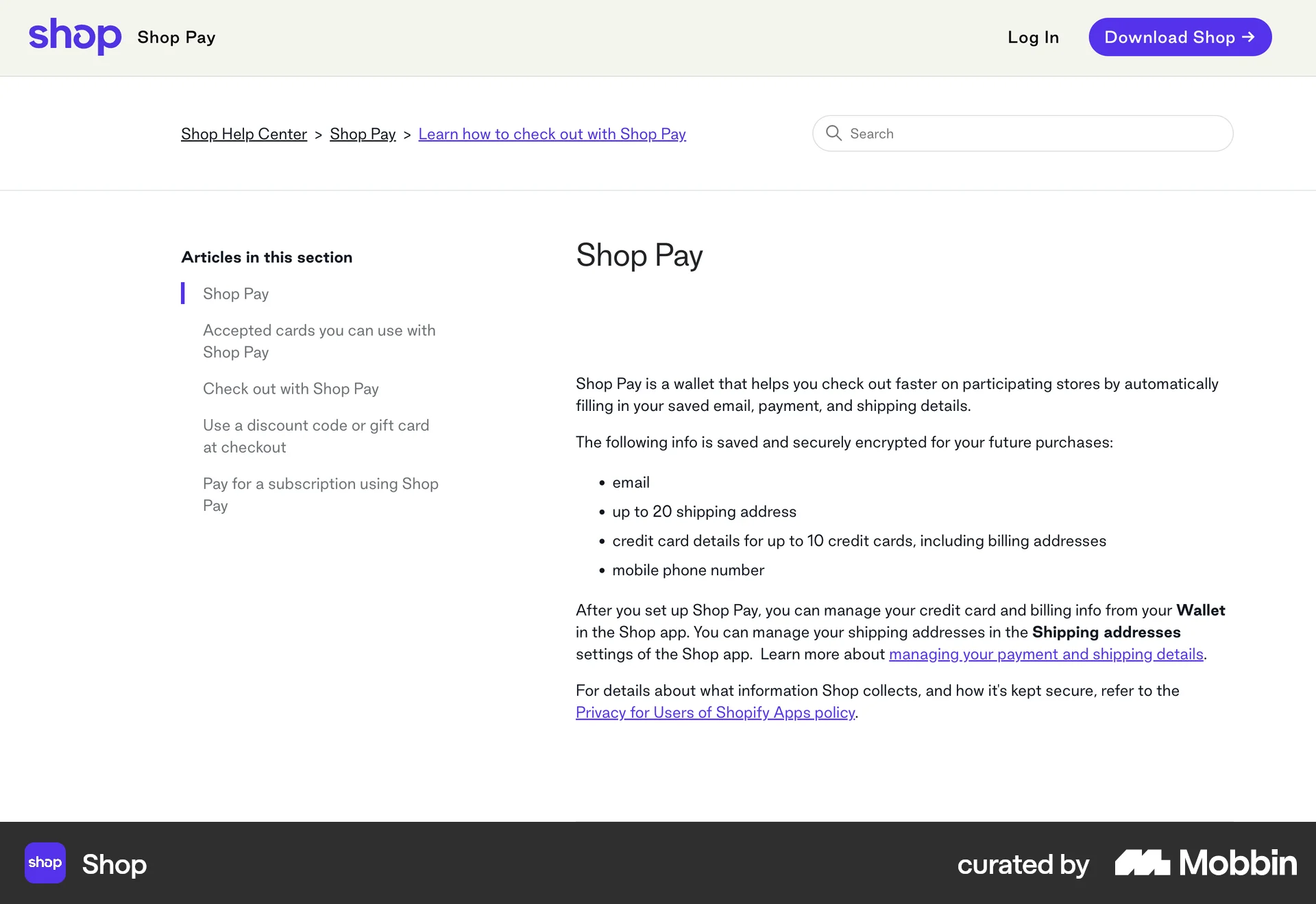 Shop Web screen containing Table of Contents UI element