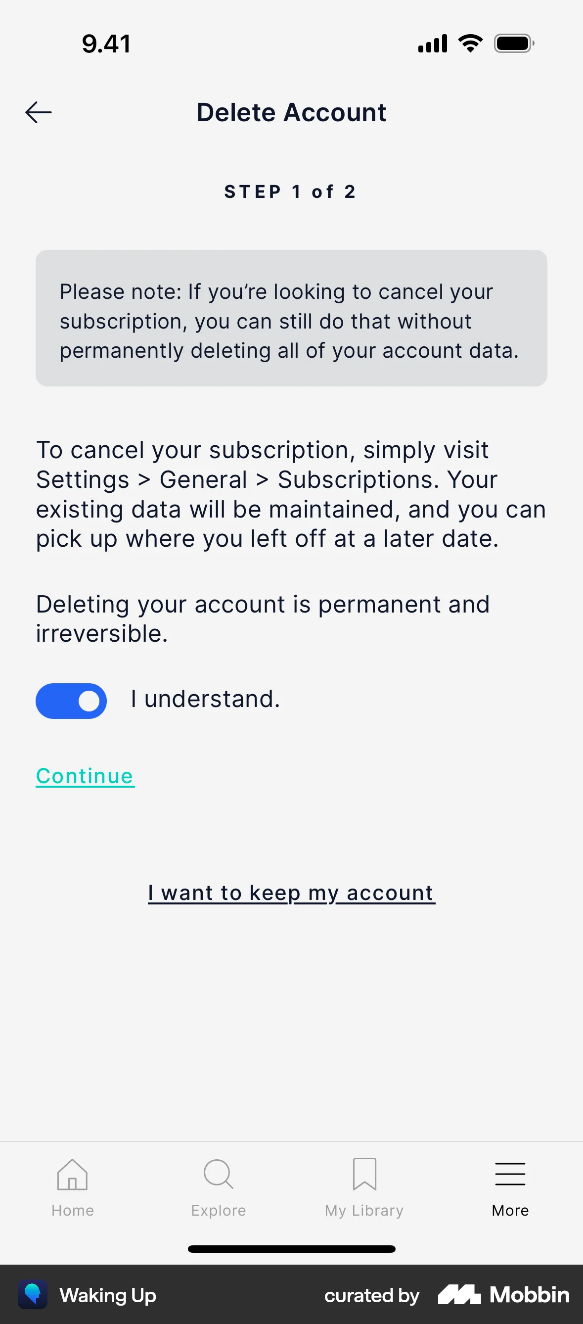 Waking Up iOS Delete & Deactivate Account screen
