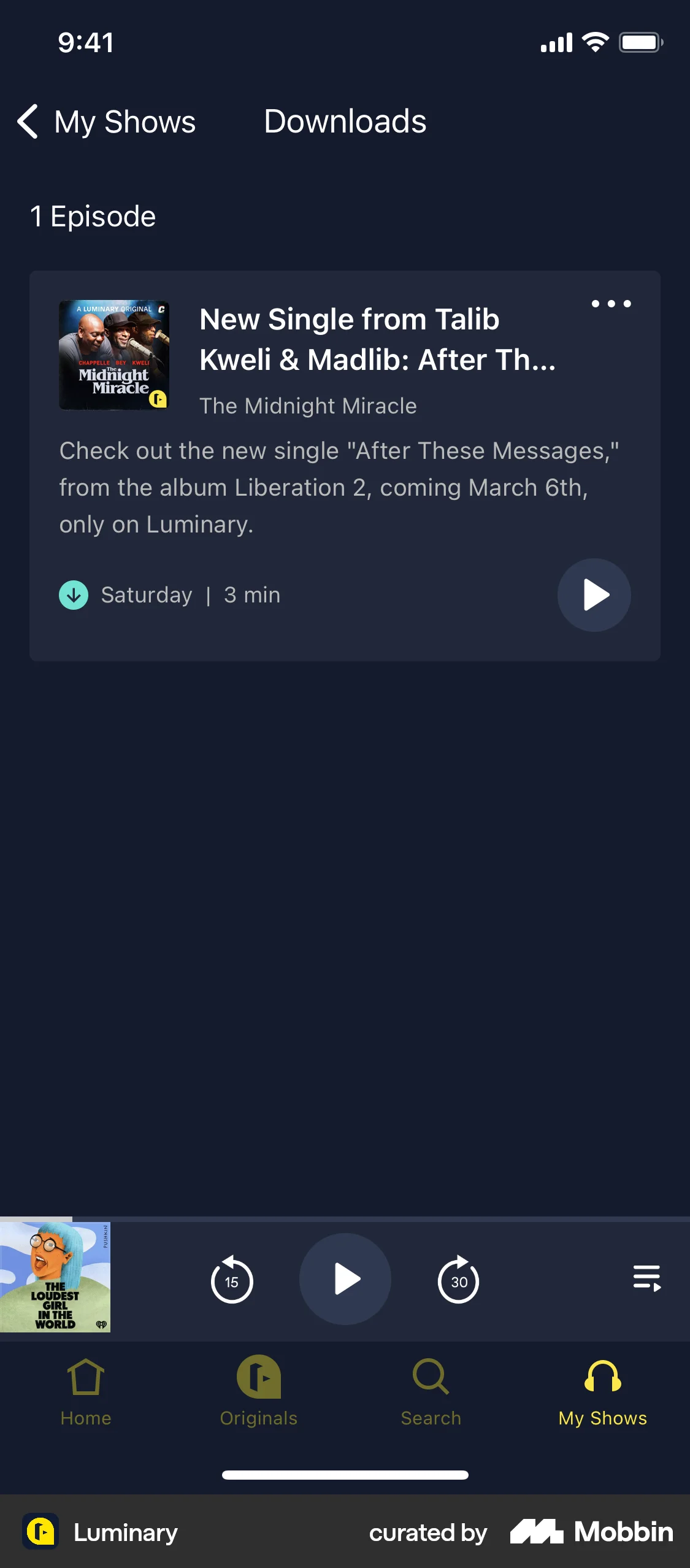 Luminary iOS Downloads & Available Offline screen