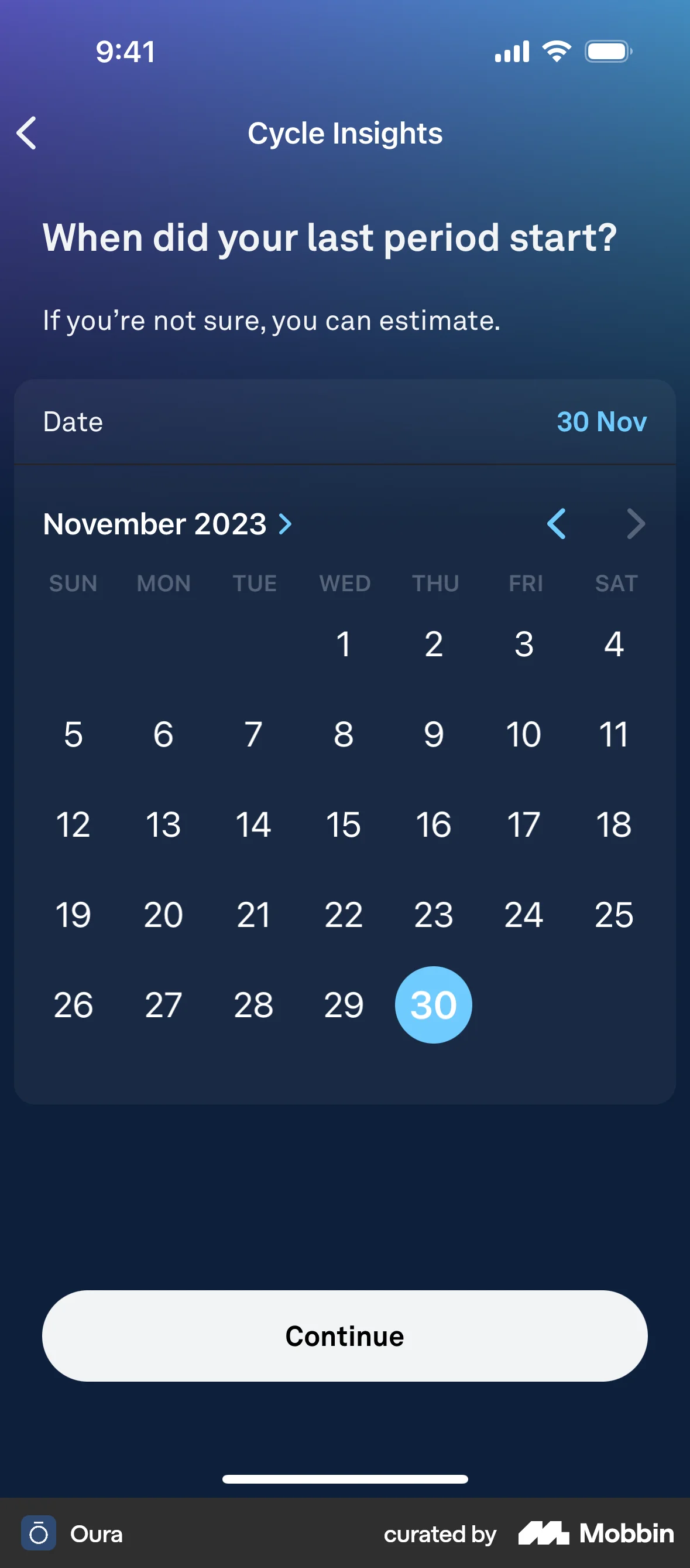 Oura iOS screen containing Date Picker UI element