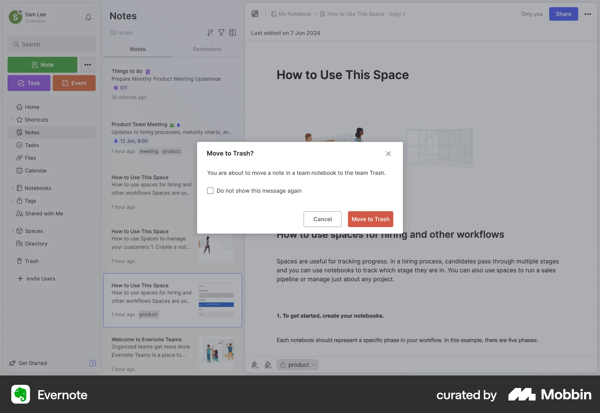 Evernote Web Delete screen