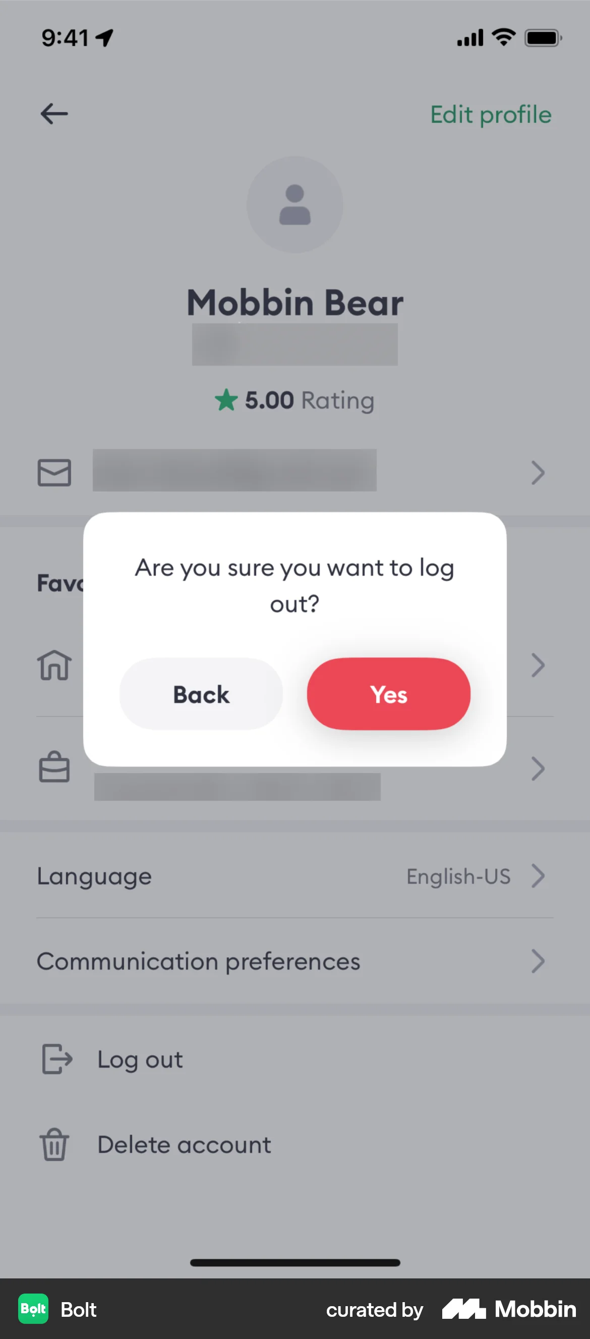 Bolt iOS screen containing Dialog UI element