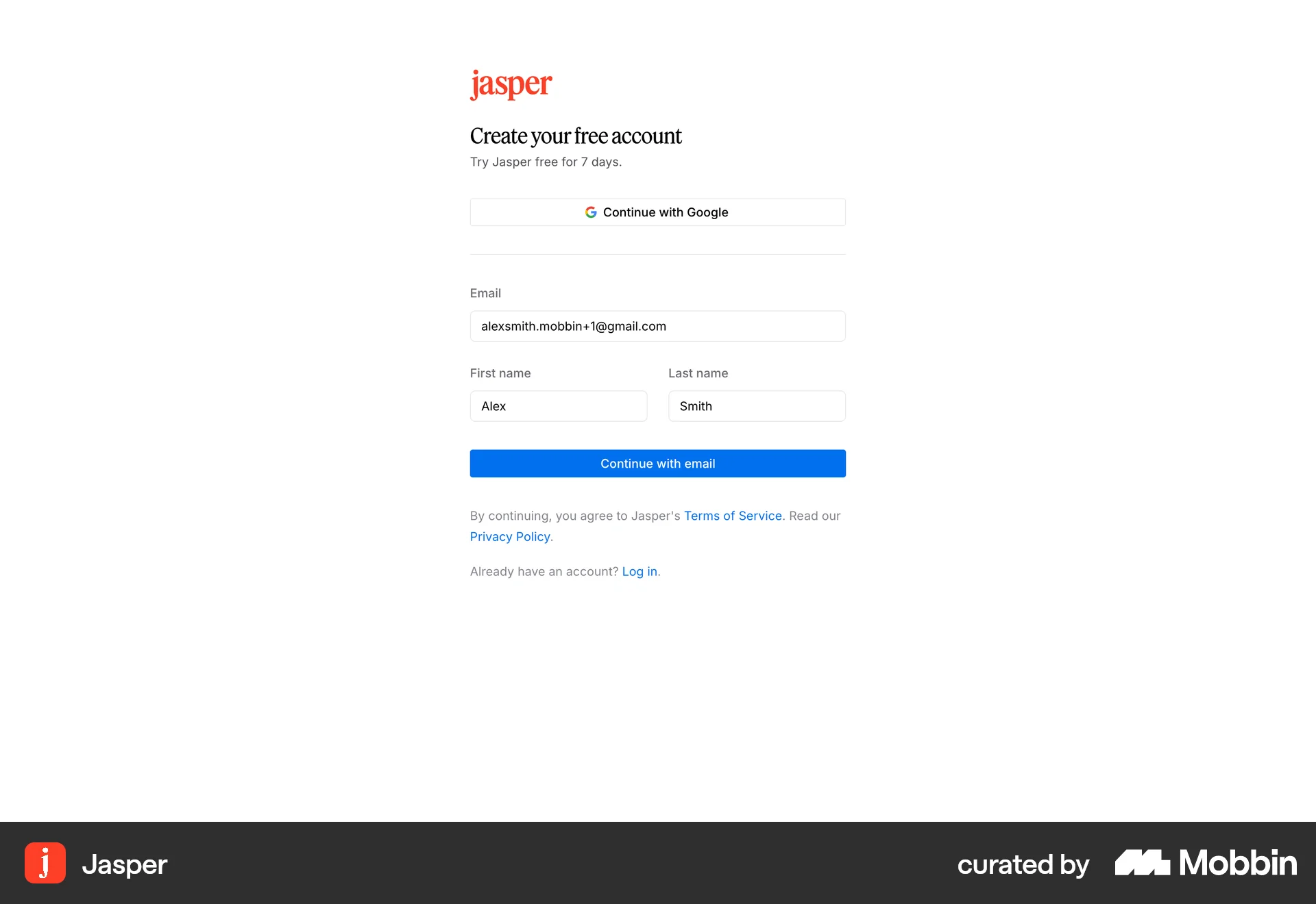 Jasper Web Signup screen