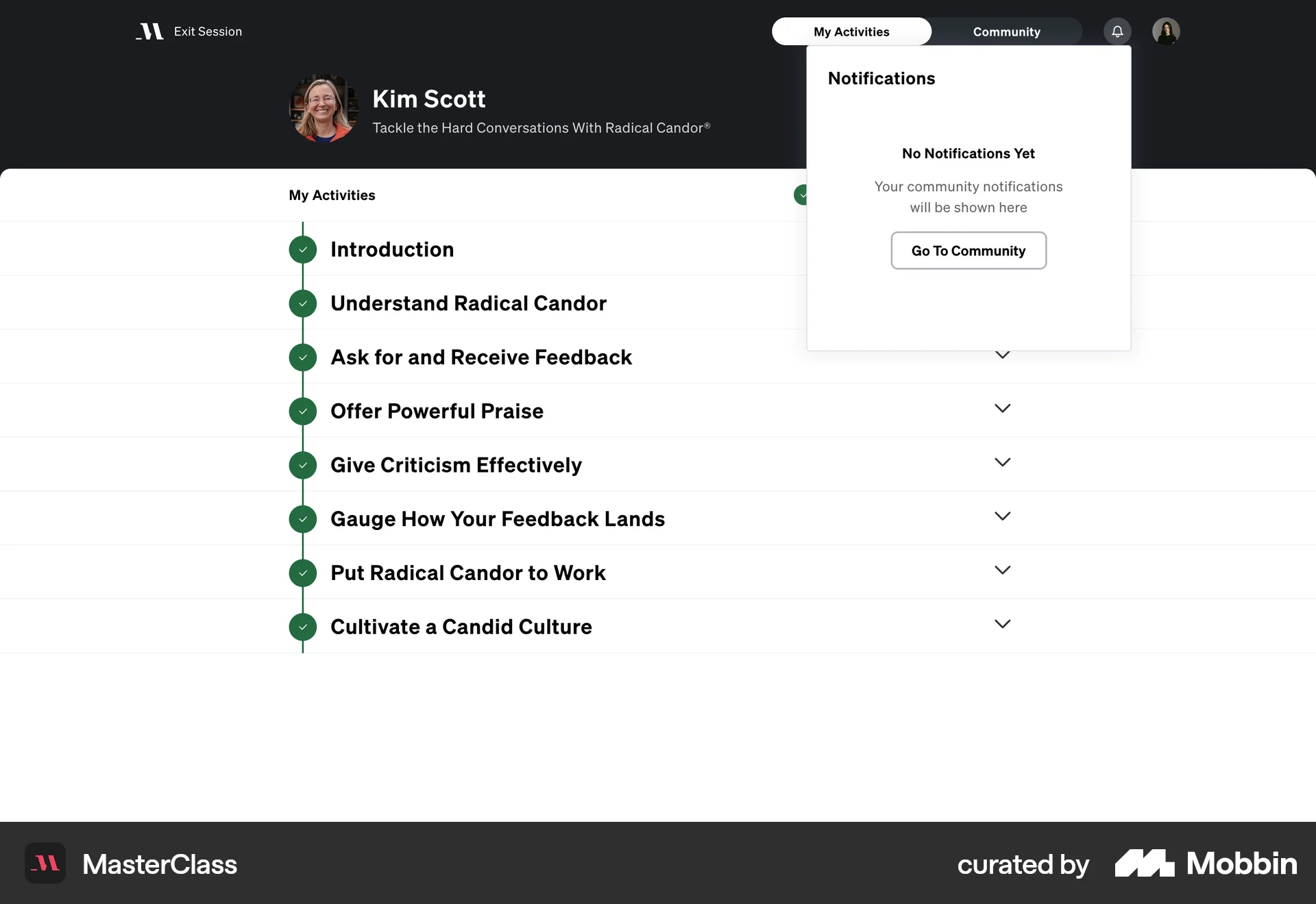 MasterClass Web Notifications screen