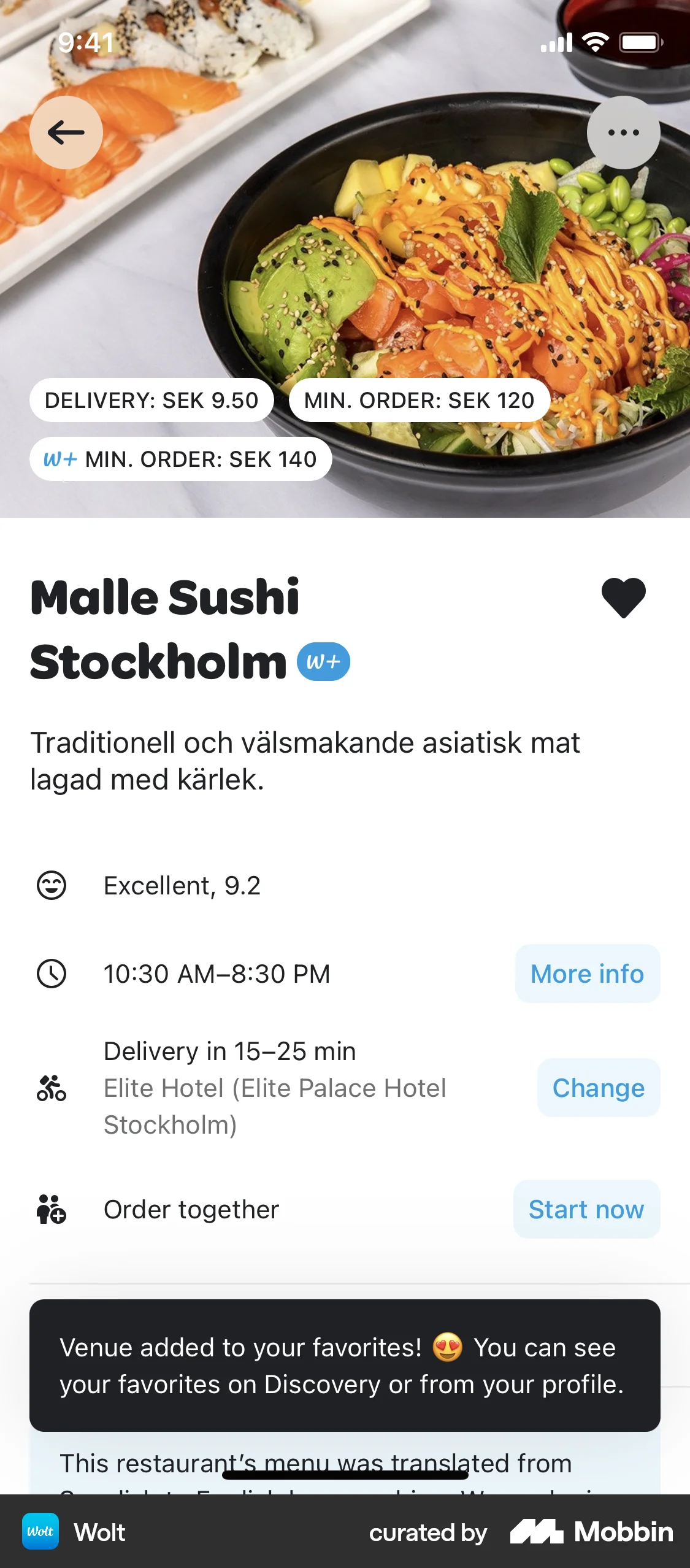 Wolt Delivery iOS Favorite & Pin screen