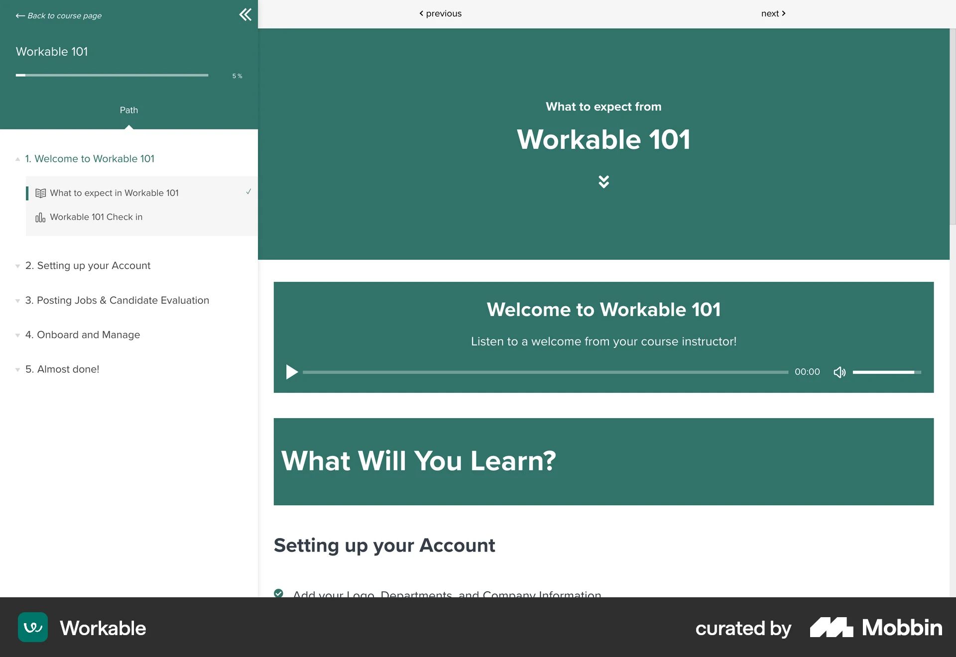 Workable Web Class & Lesson Detail screen