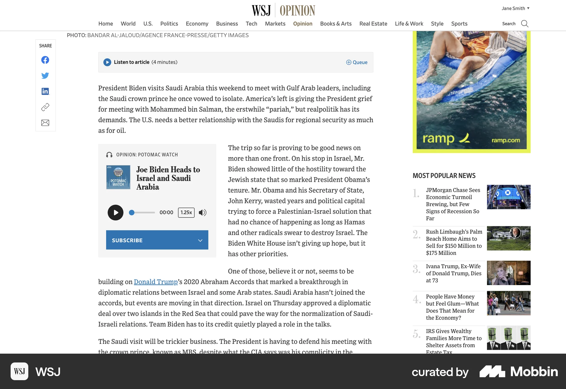 WSJ Web Article Detail screen