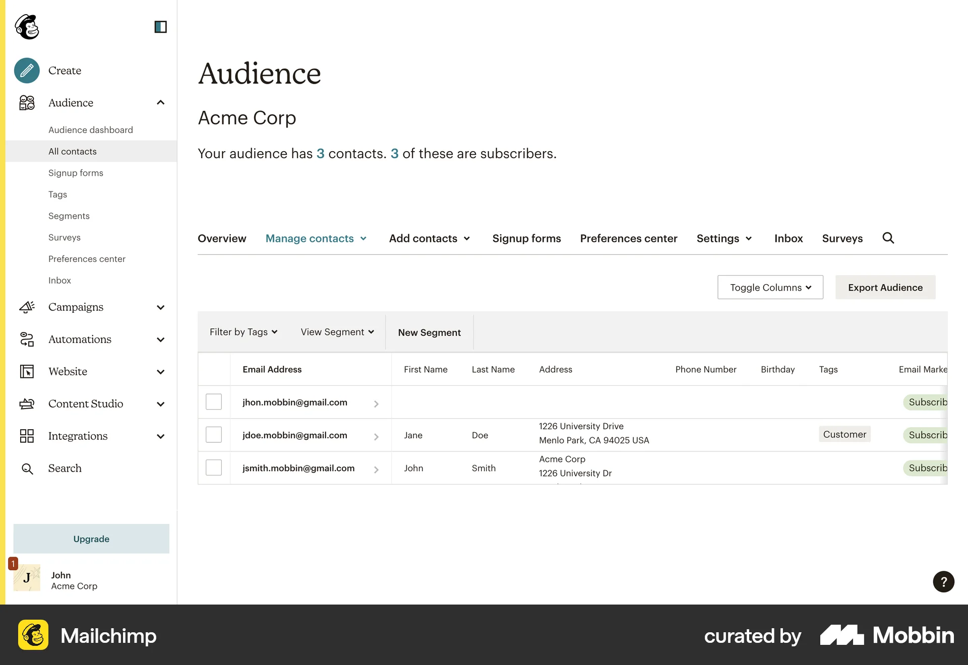 Mailchimp Web Misc screen