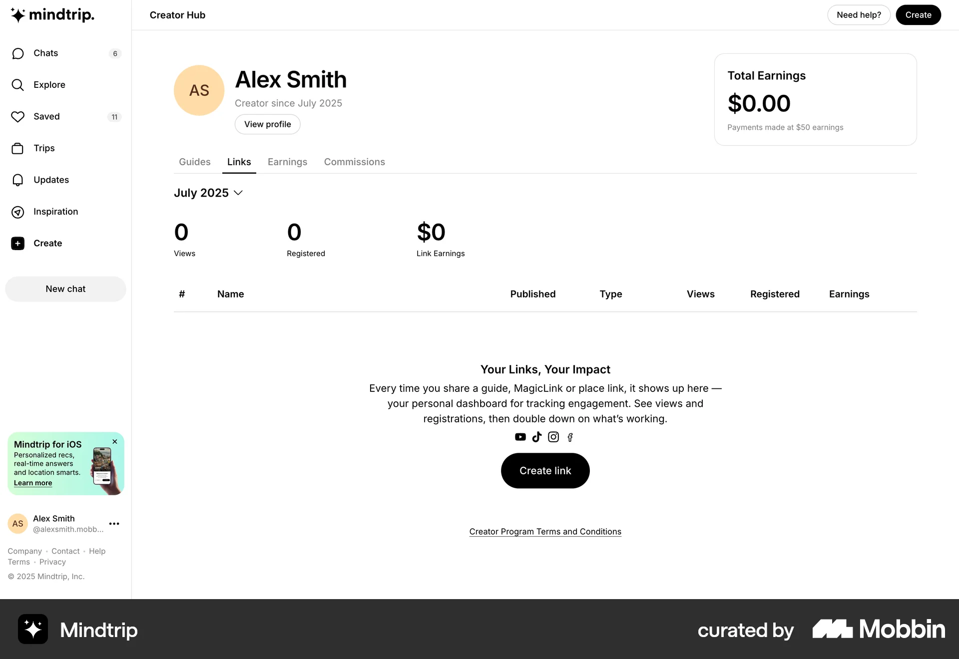 Mindtrip Web Empty State screen