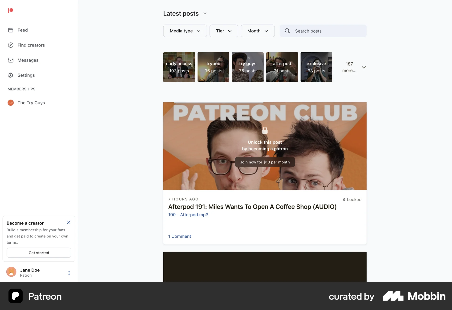Patreon Web Social Feed screen