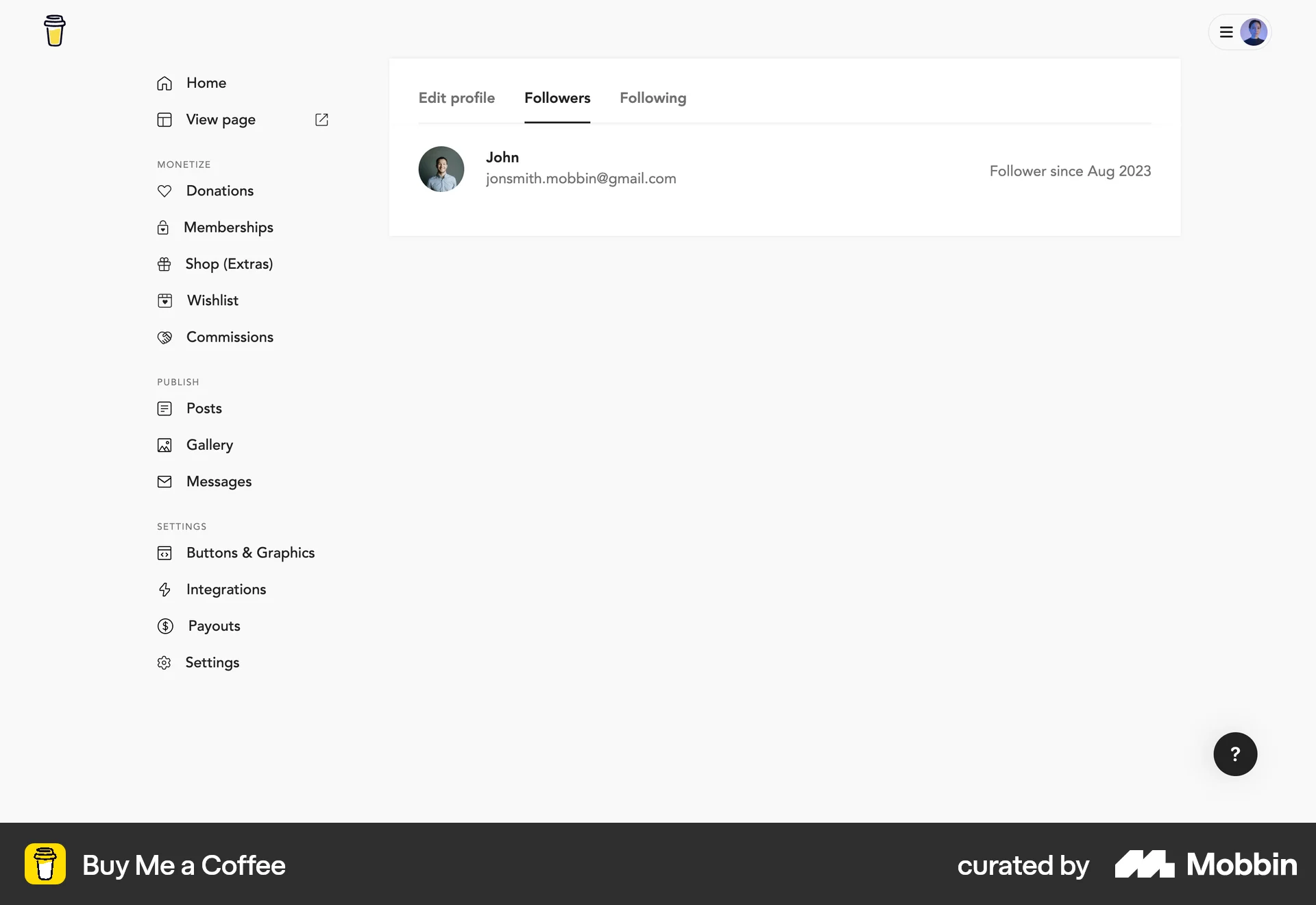 Buy Me a Coffee Web Followers & Following screen